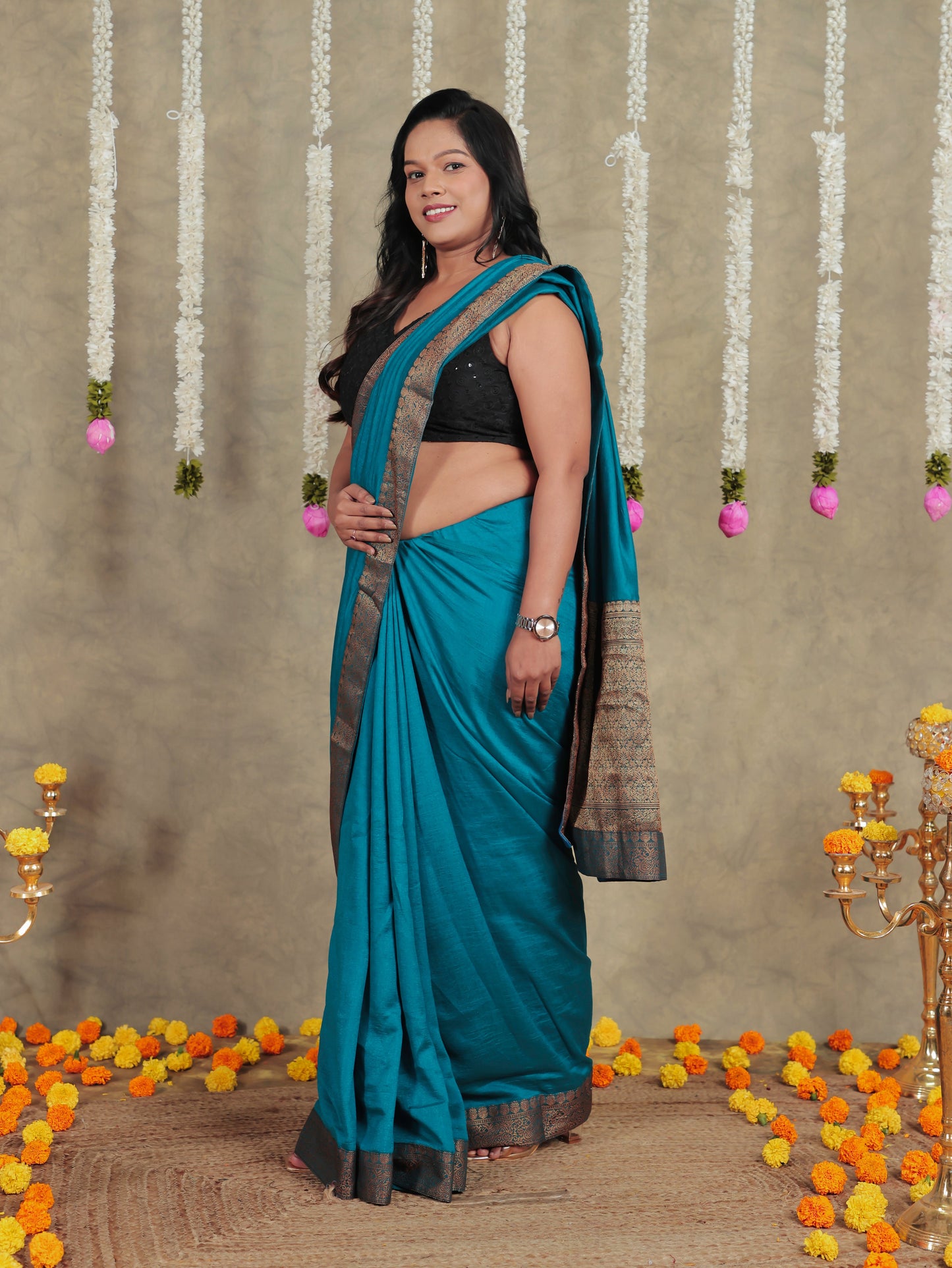 Silk Blend Teal Saree