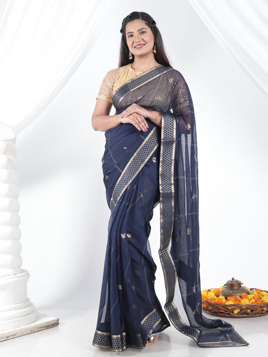 Chiffon Gold foil Navy Blue Saree