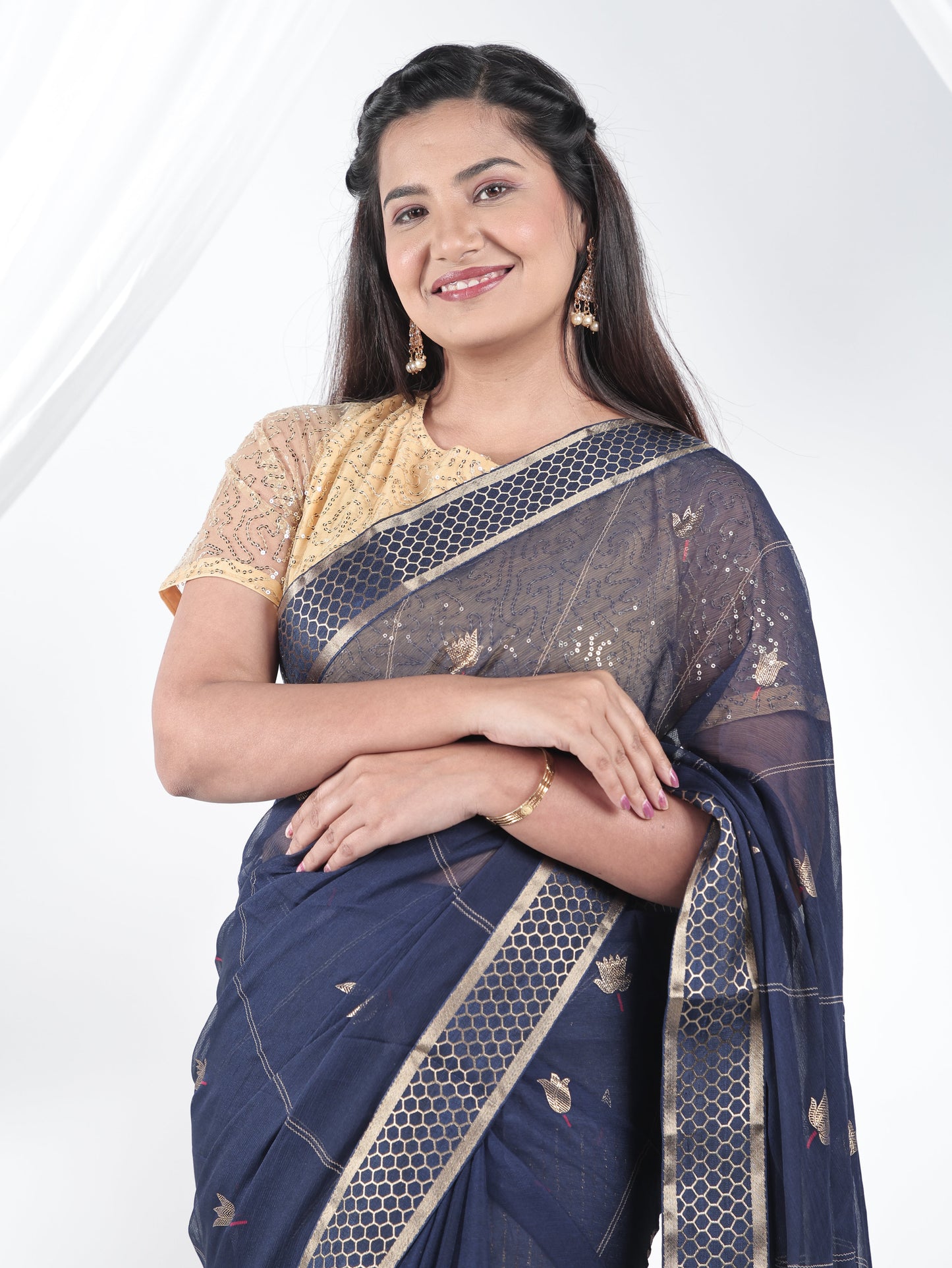 Chiffon Gold foil Navy Blue Saree