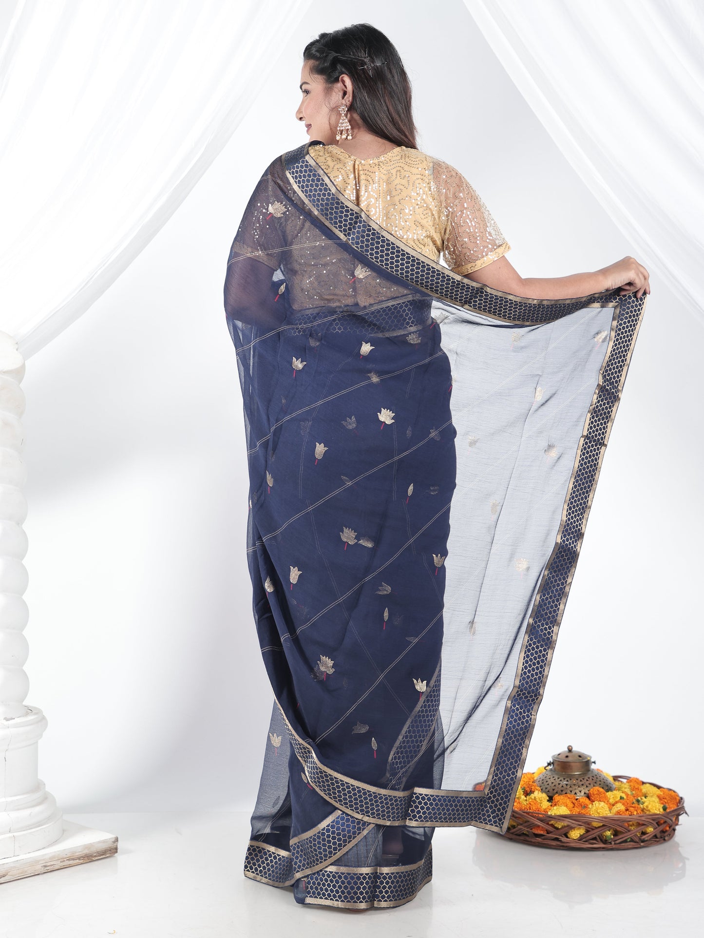 Chiffon Gold foil Navy Blue Saree