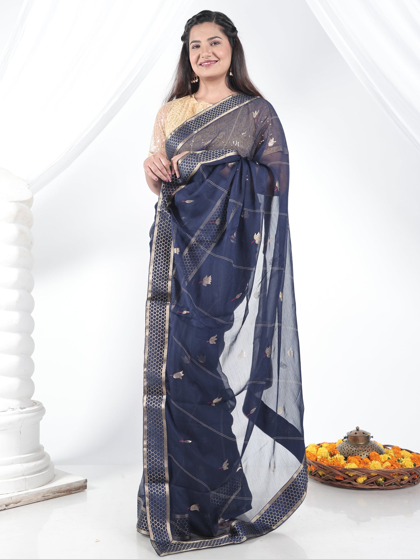Chiffon Gold foil Navy Blue Saree