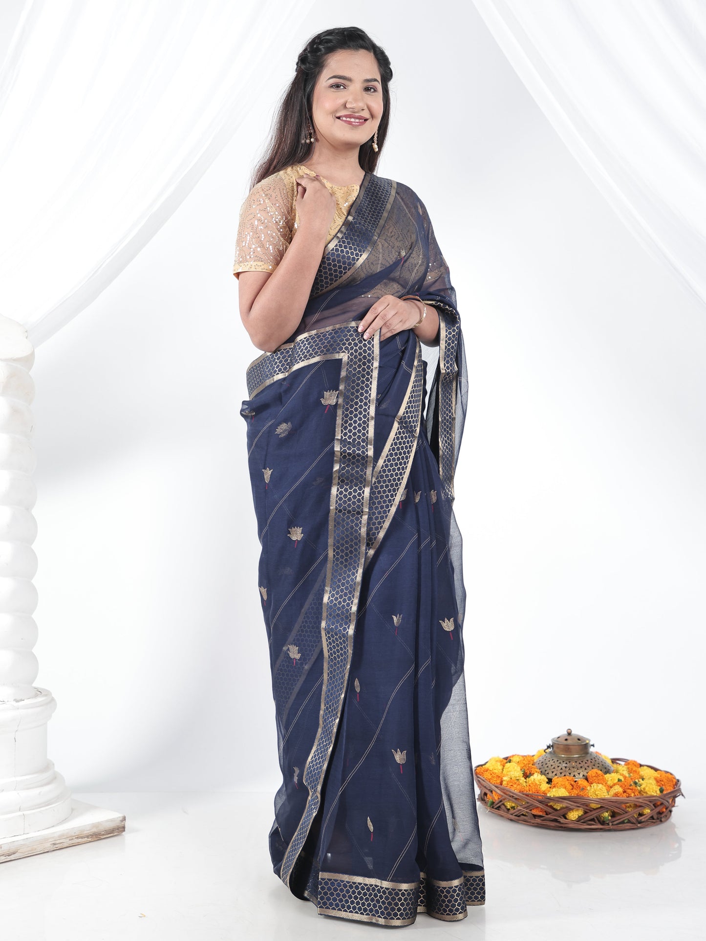 Chiffon Gold foil Navy Blue Saree