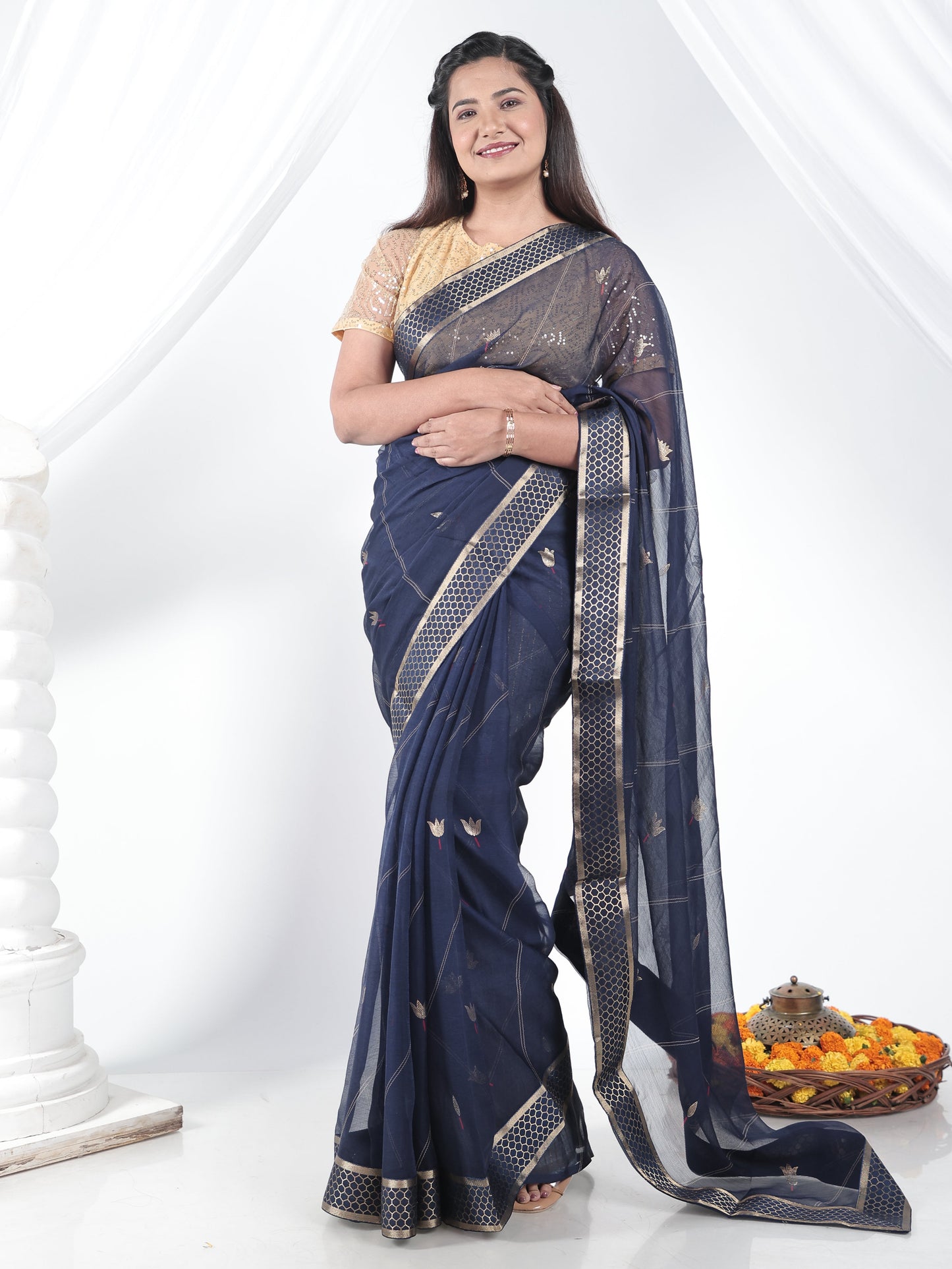 Chiffon Gold foil Navy Blue Saree