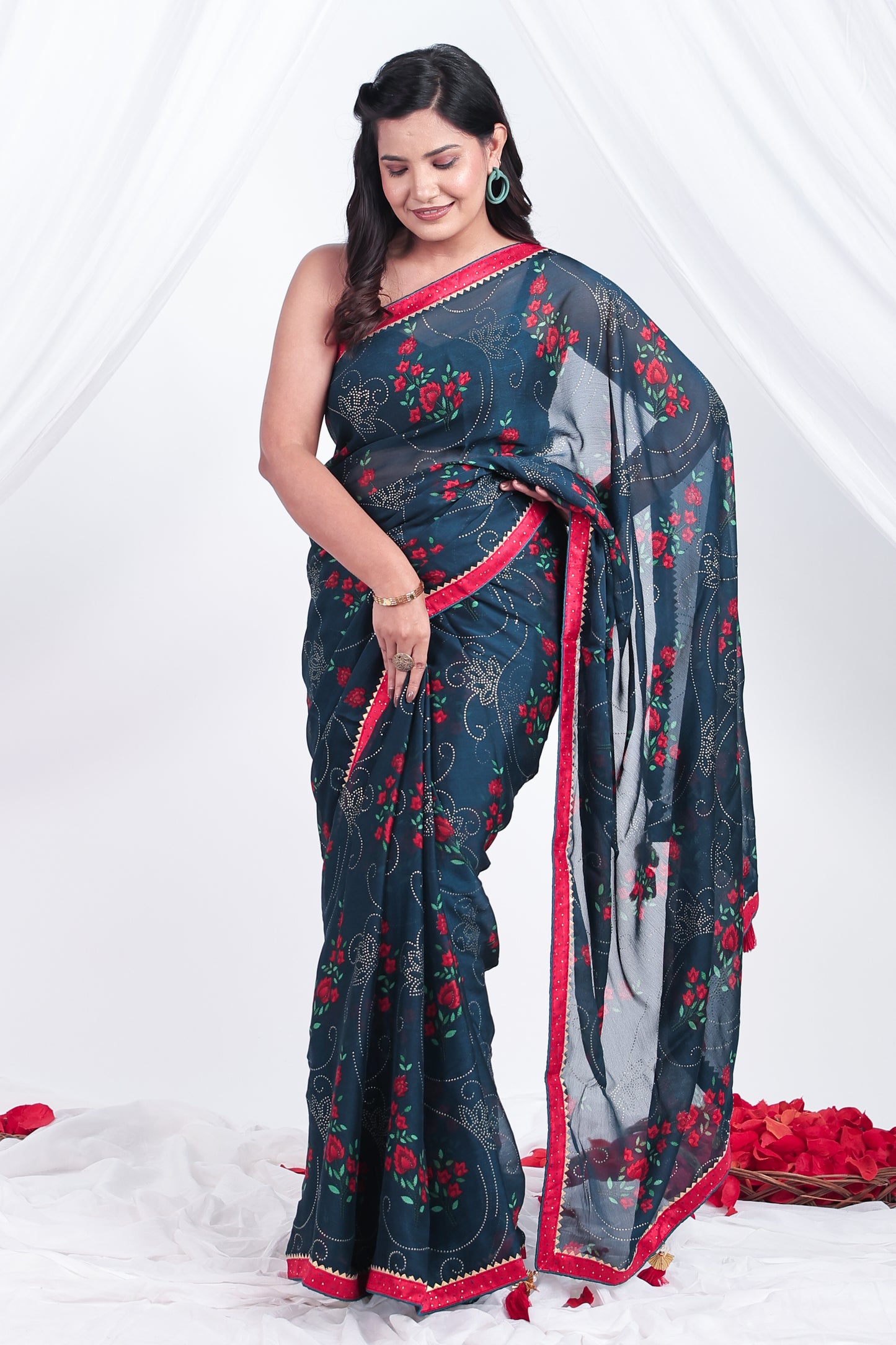 Chiffon Gold foil Teal Saree