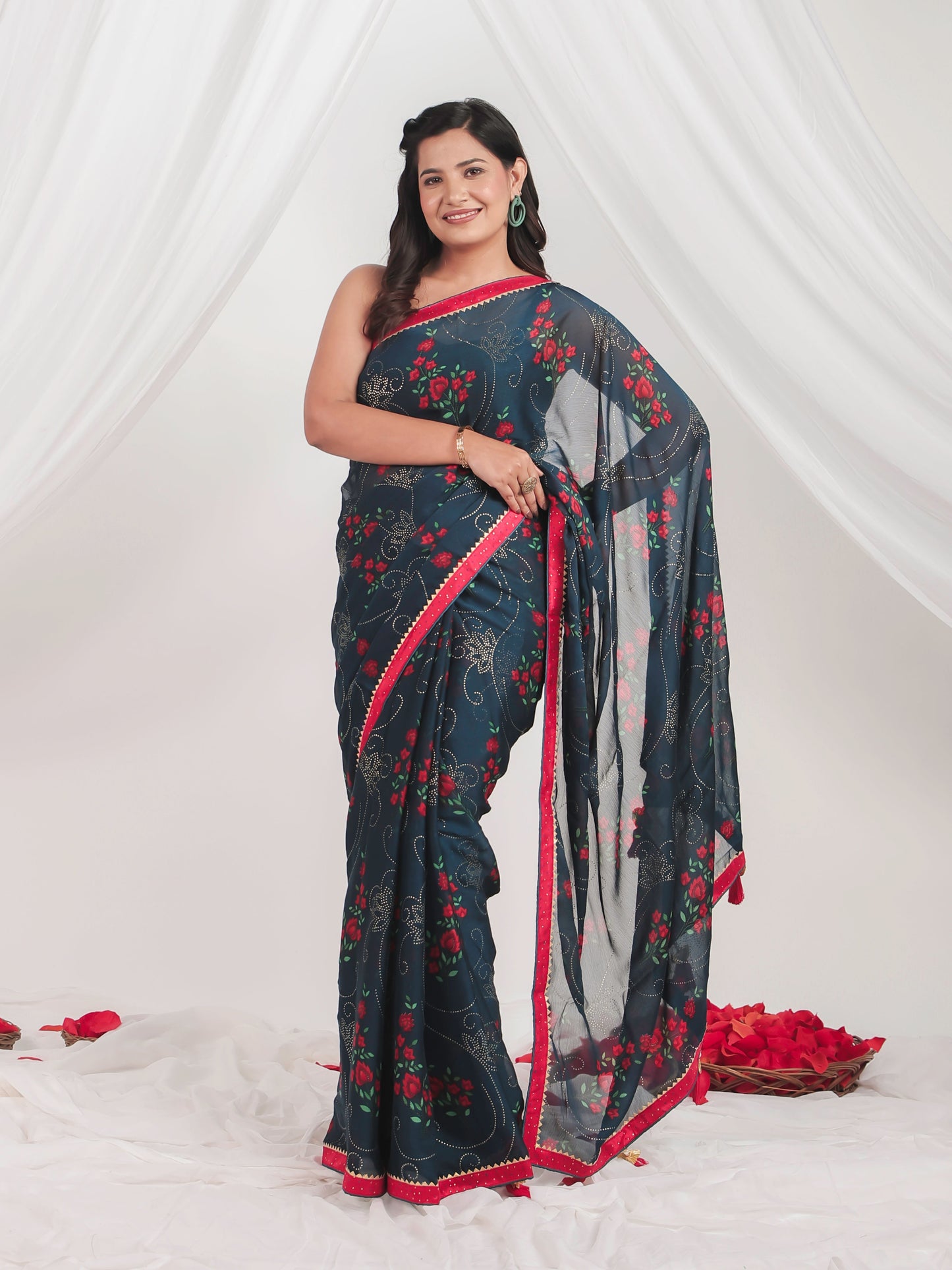 Chiffon Gold foil Teal Saree