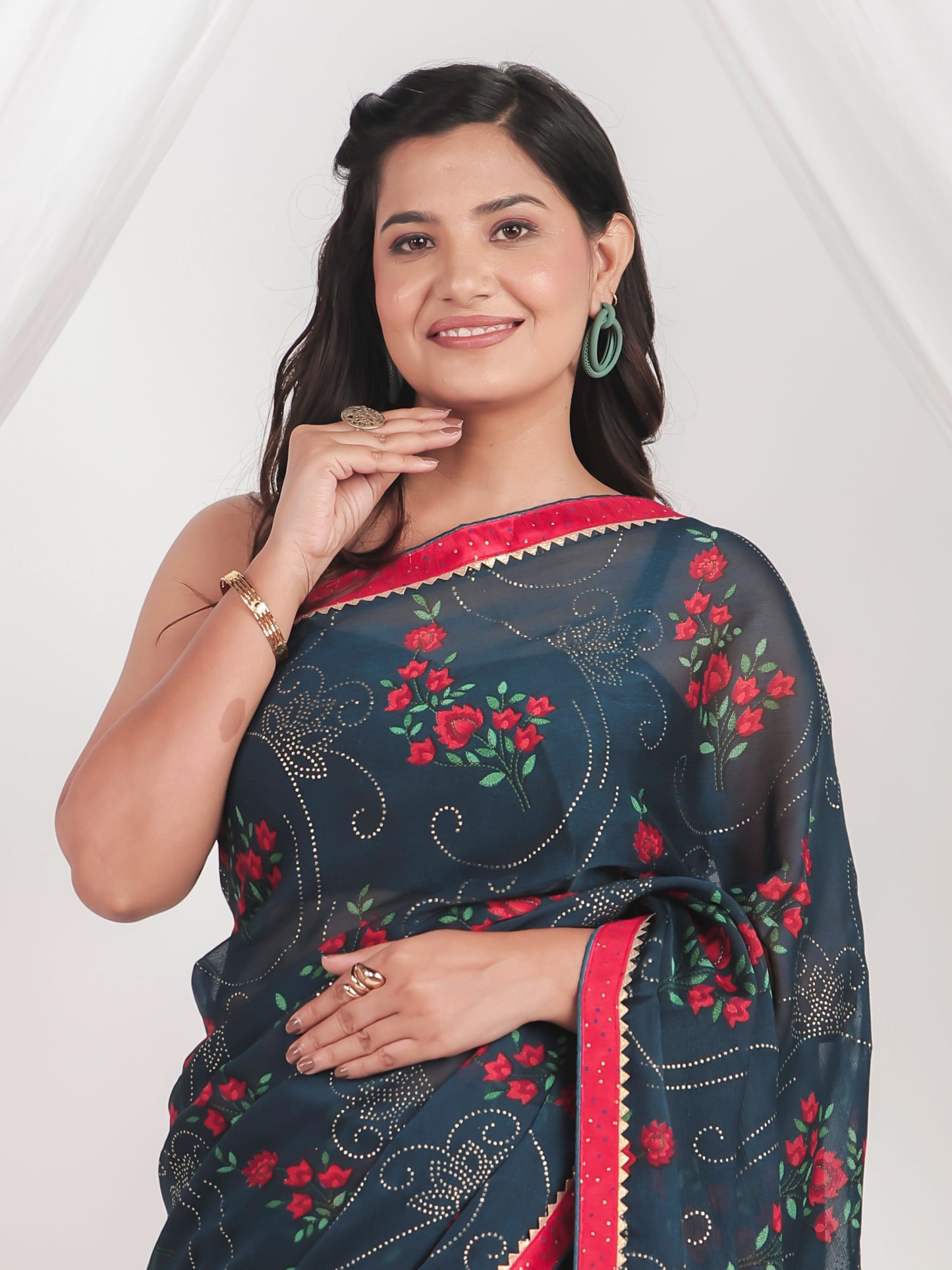 Chiffon Gold foil Teal Saree