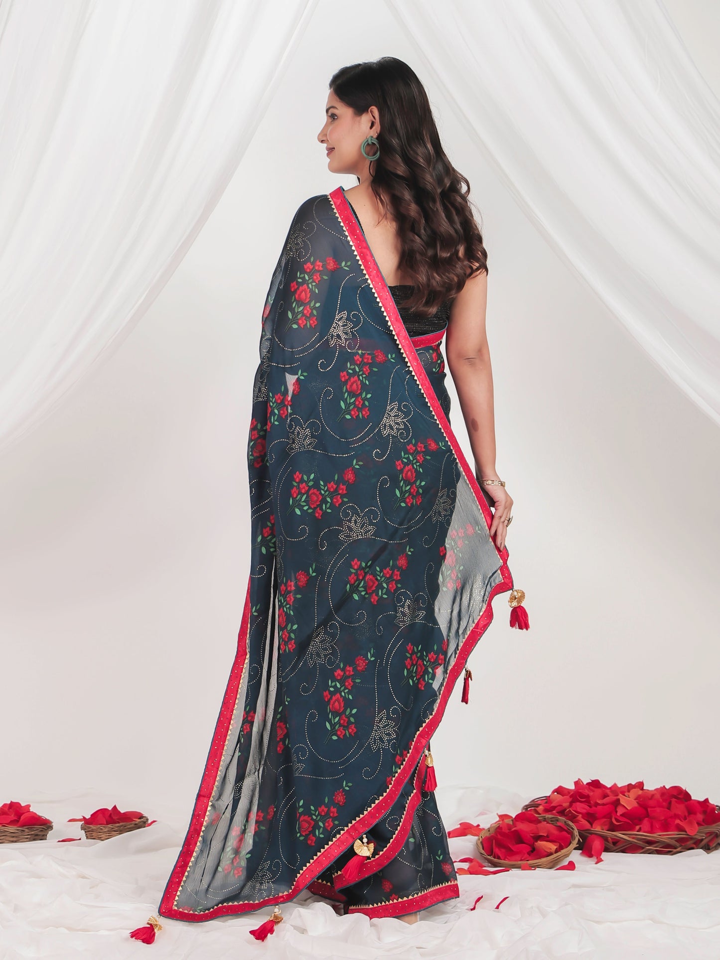 Chiffon Gold foil Teal Saree