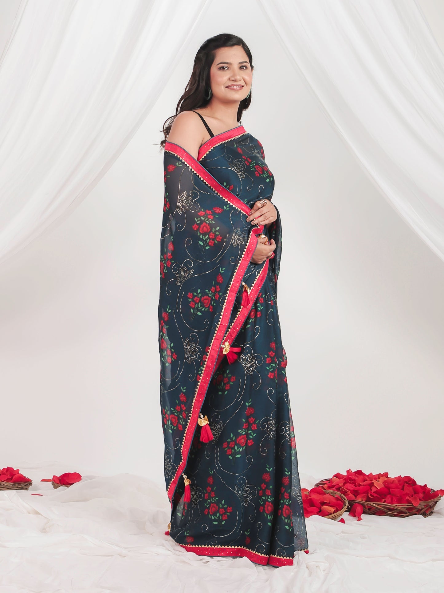 Chiffon Gold foil Teal Saree