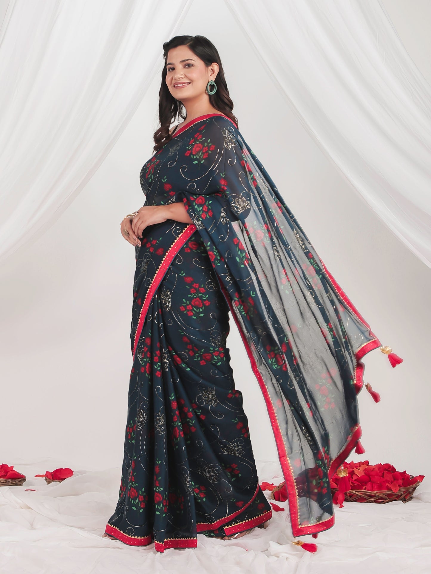 Chiffon Gold foil Teal Saree