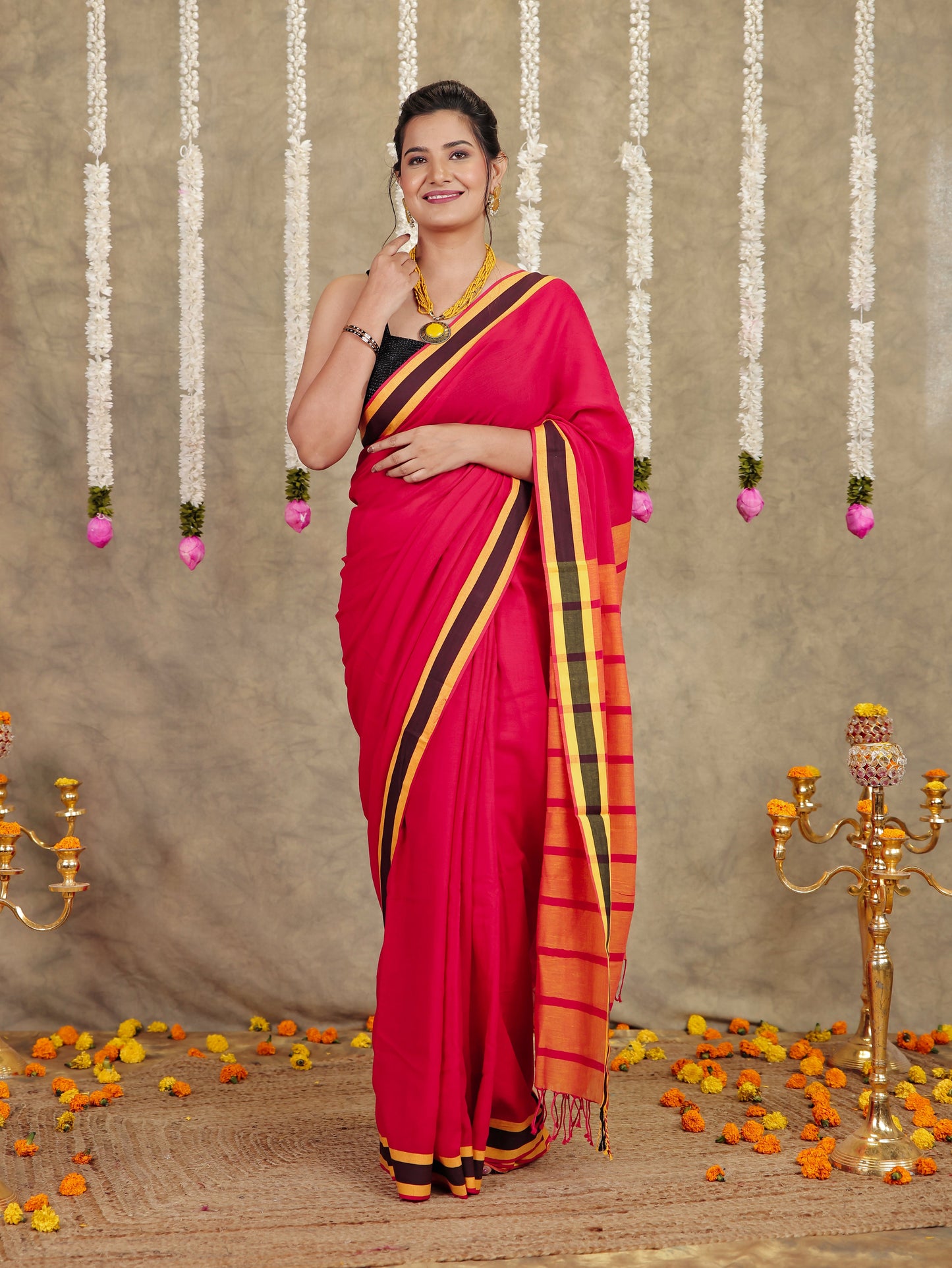 Soft Cotton Solid Red Saree