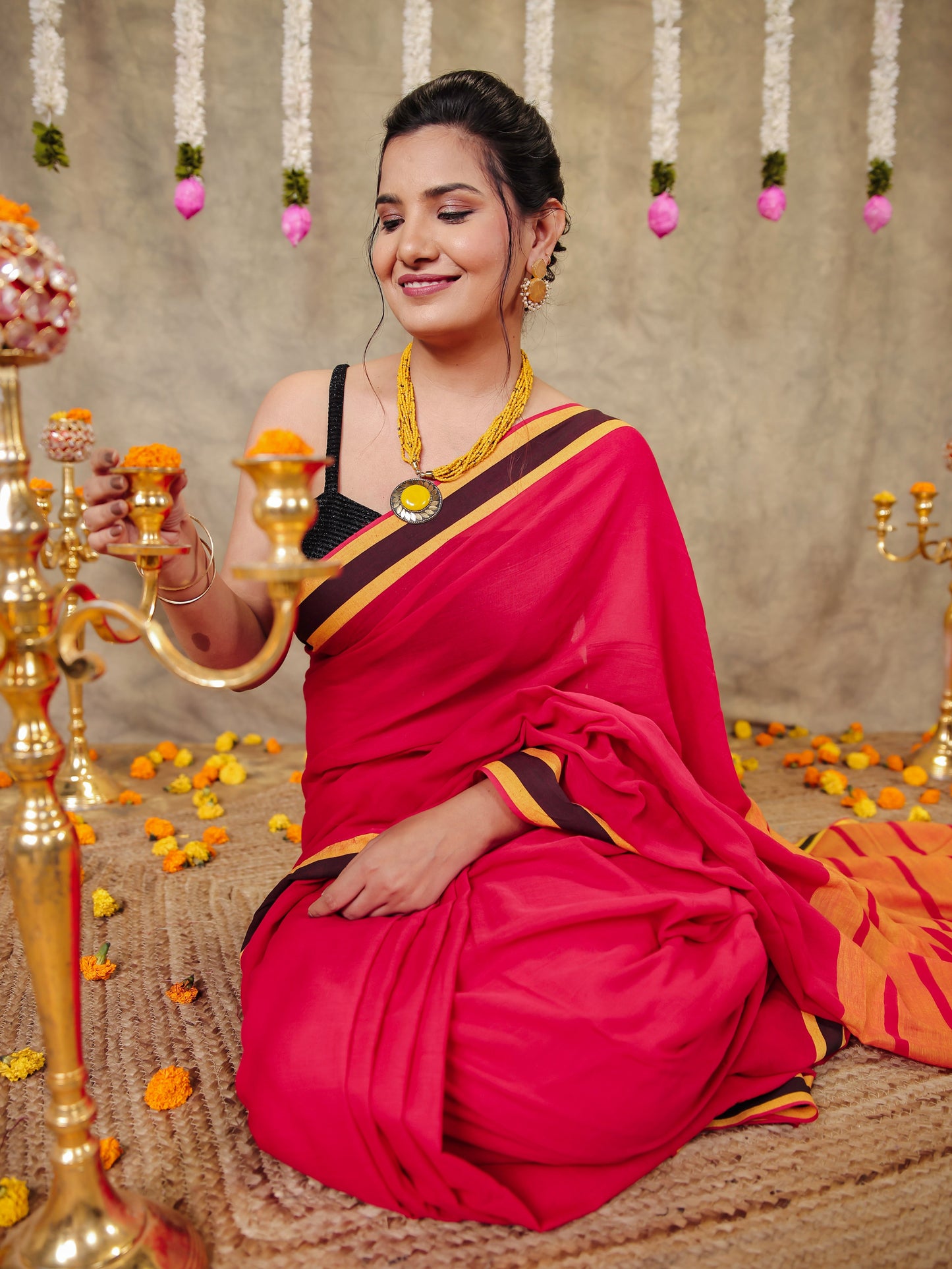 Soft Cotton Solid Red Saree
