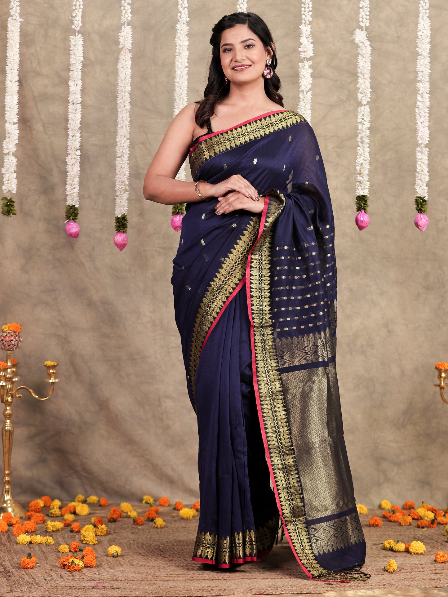 Self Design Chanderi Solid Navy Blue Saree