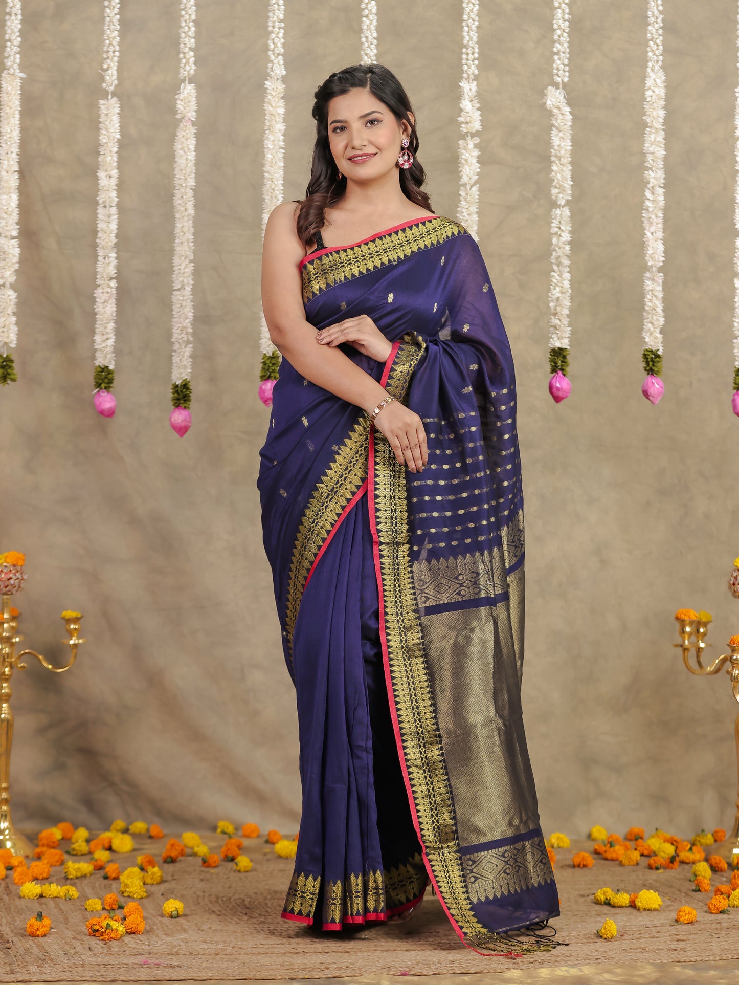 Self Design Chanderi Solid Navy Blue Saree