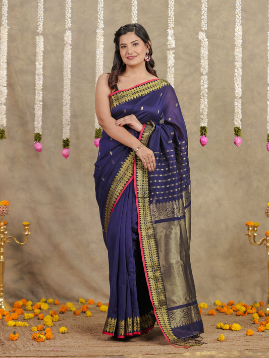 Self Design Chanderi Solid Navy Blue Saree