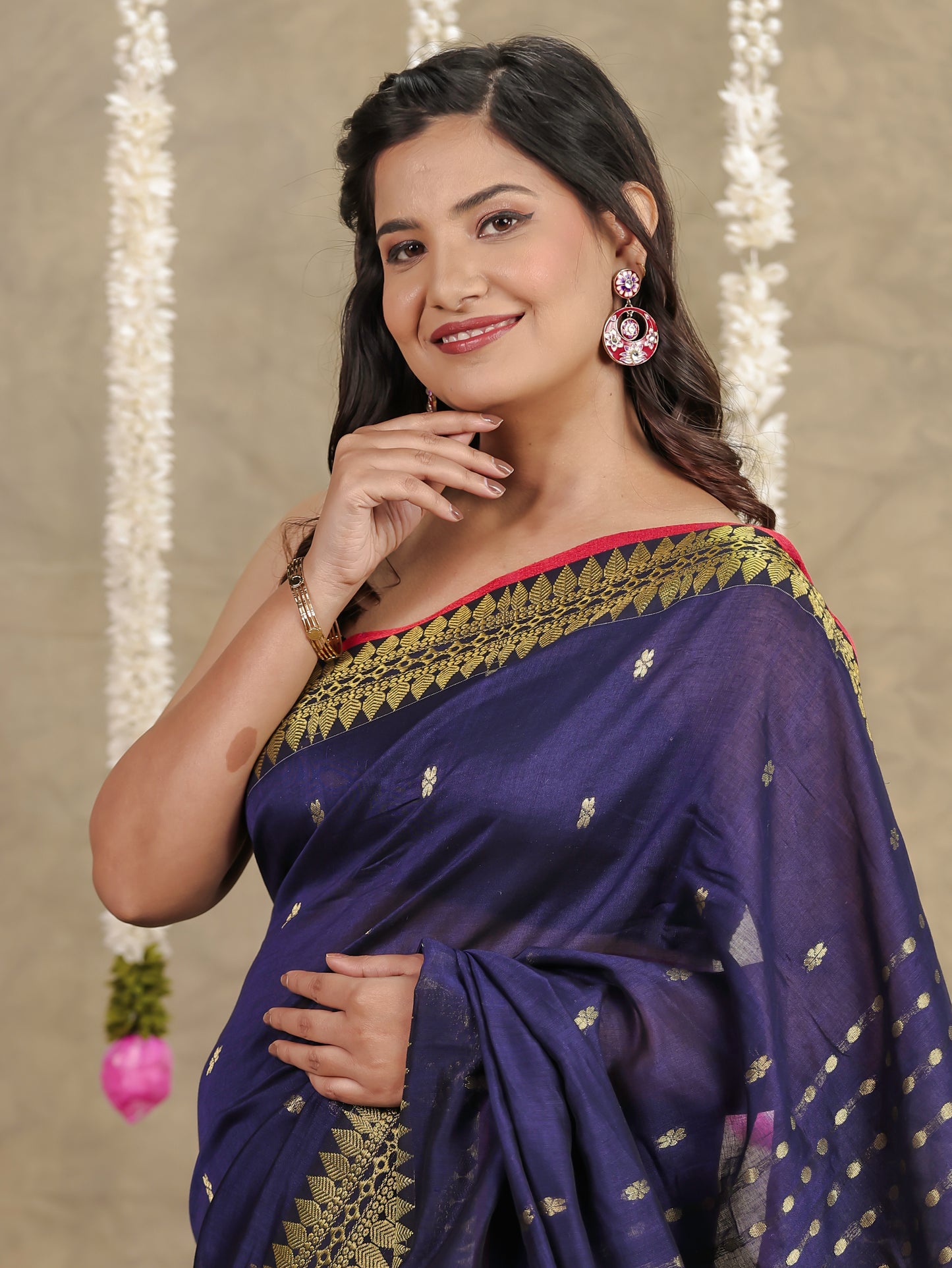 Self Design Chanderi Solid Navy Blue Saree