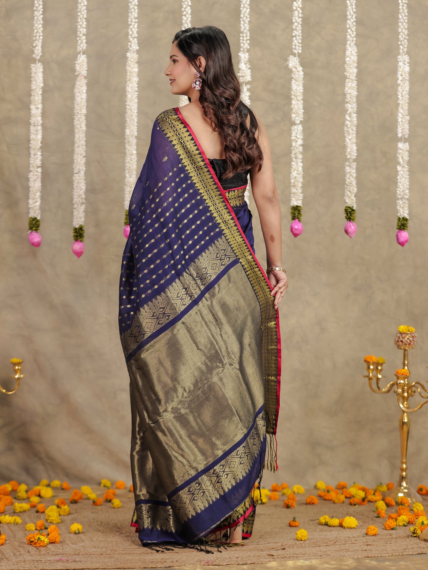 Self Design Chanderi Solid Navy Blue Saree
