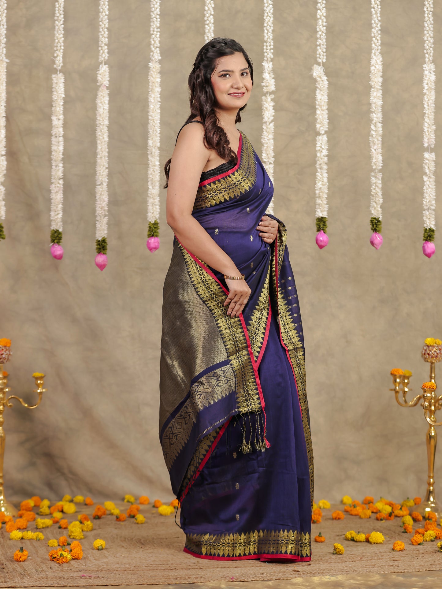 Self Design Chanderi Solid Navy Blue Saree