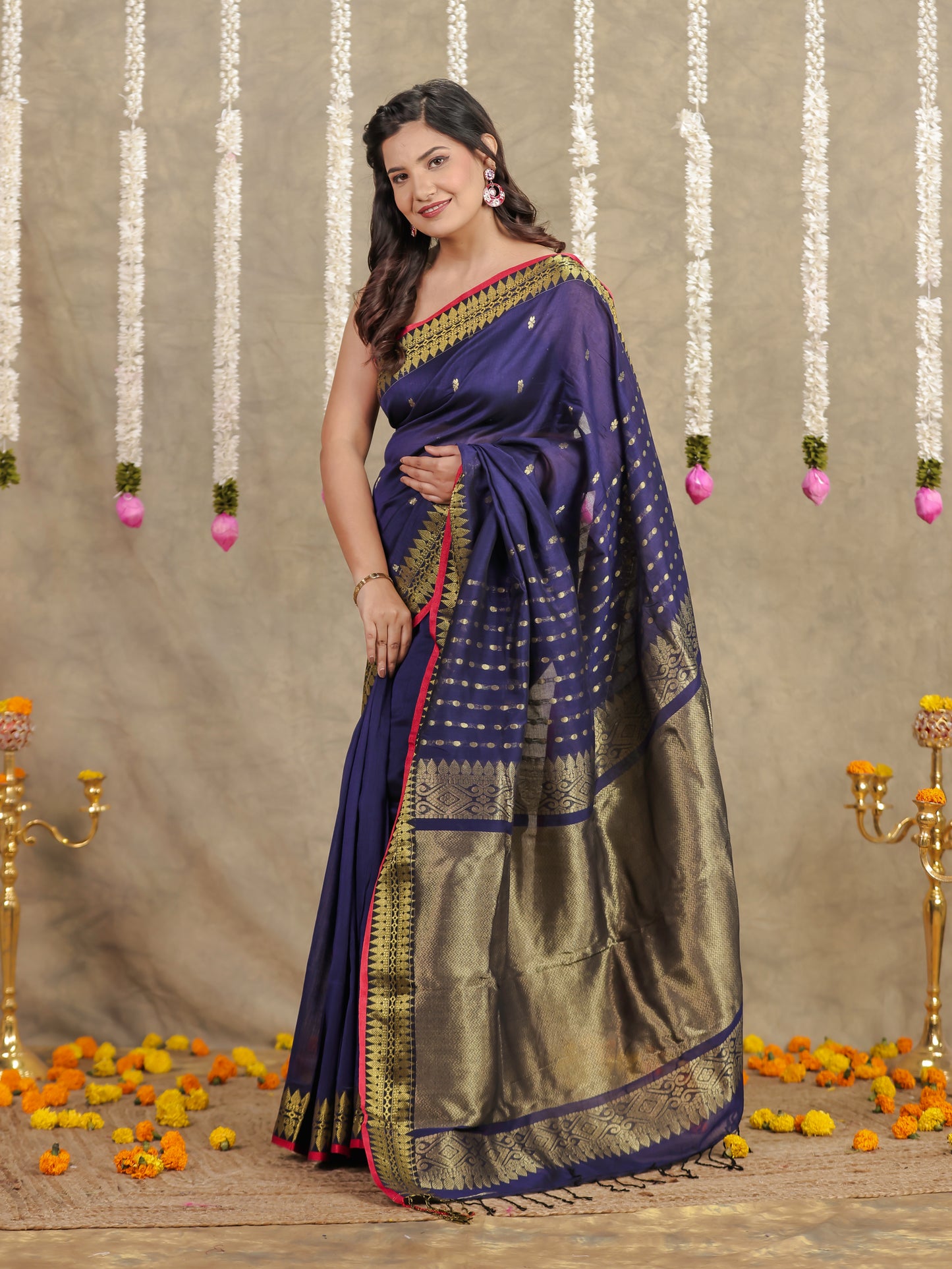 Self Design Chanderi Solid Navy Blue Saree
