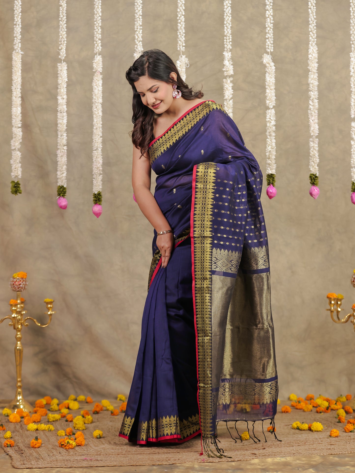 Self Design Chanderi Solid Navy Blue Saree