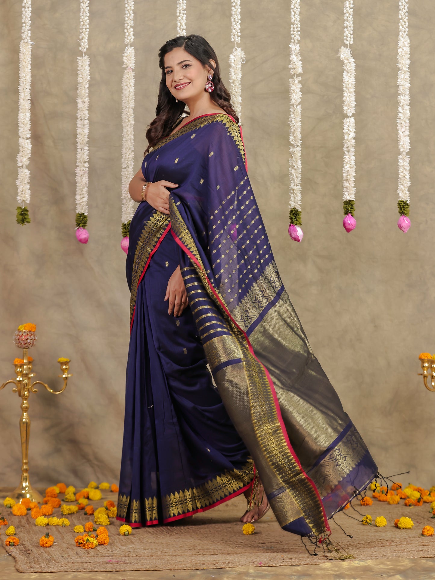 Self Design Chanderi Solid Navy Blue Saree