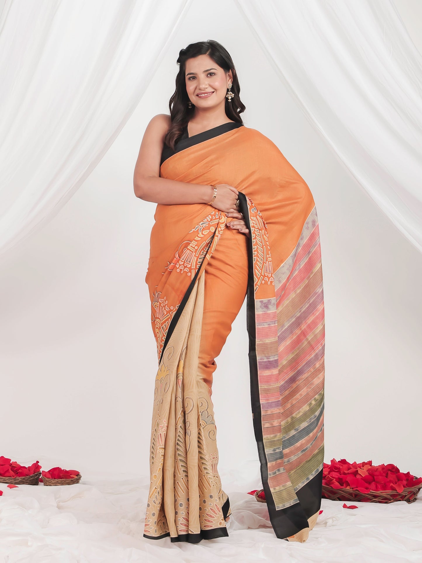 Chinon Chiffon Abstract Rust Orange Saree