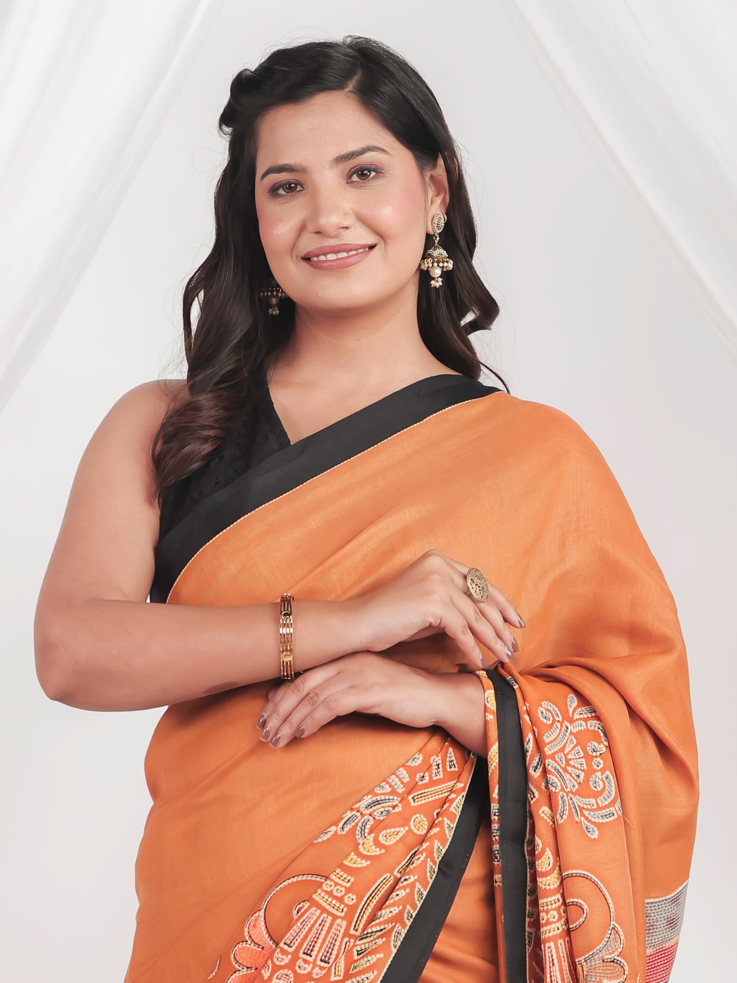 Chinon Chiffon Abstract Rust Orange Saree