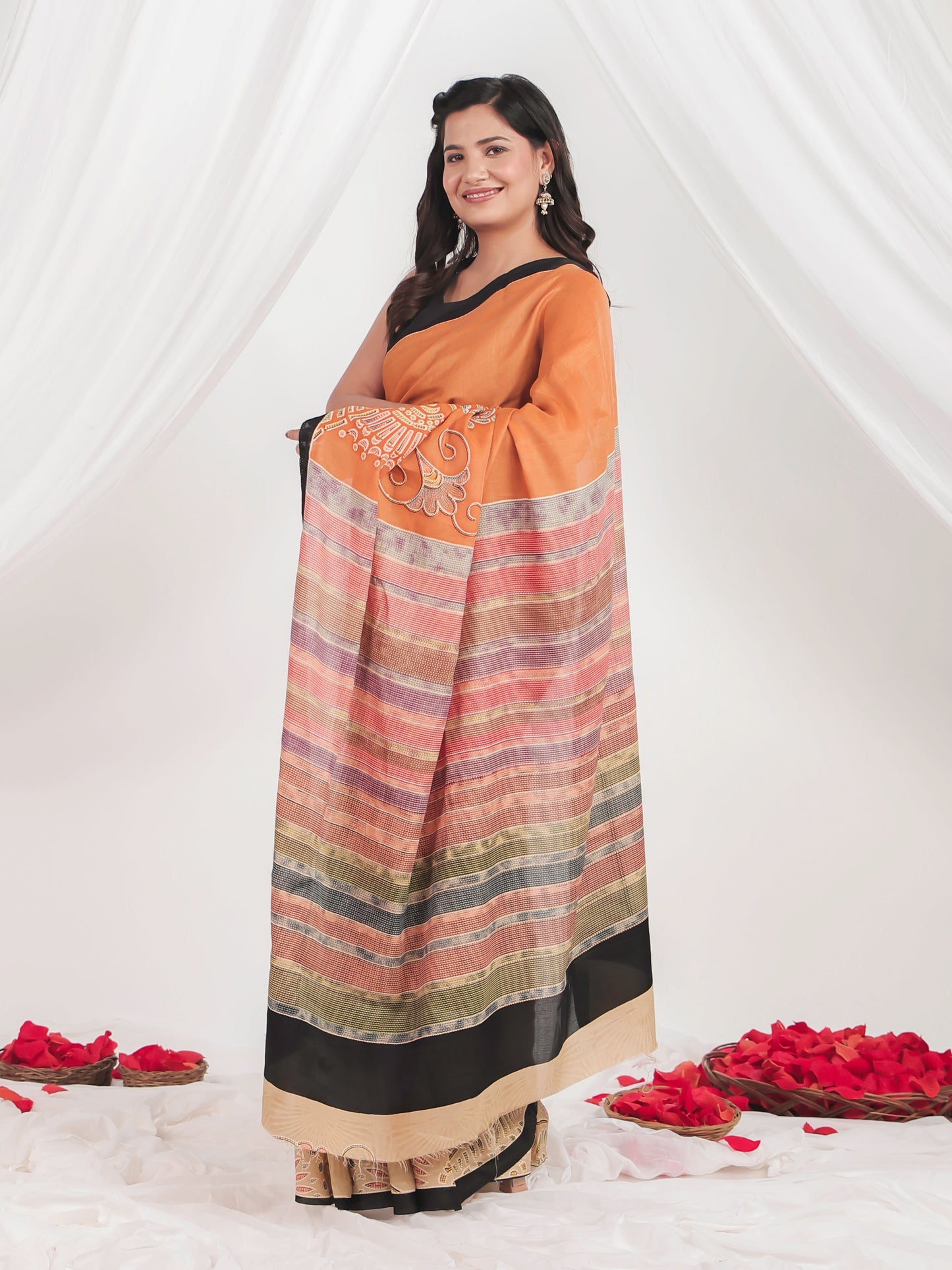 Chinon Chiffon Abstract Rust Orange Saree