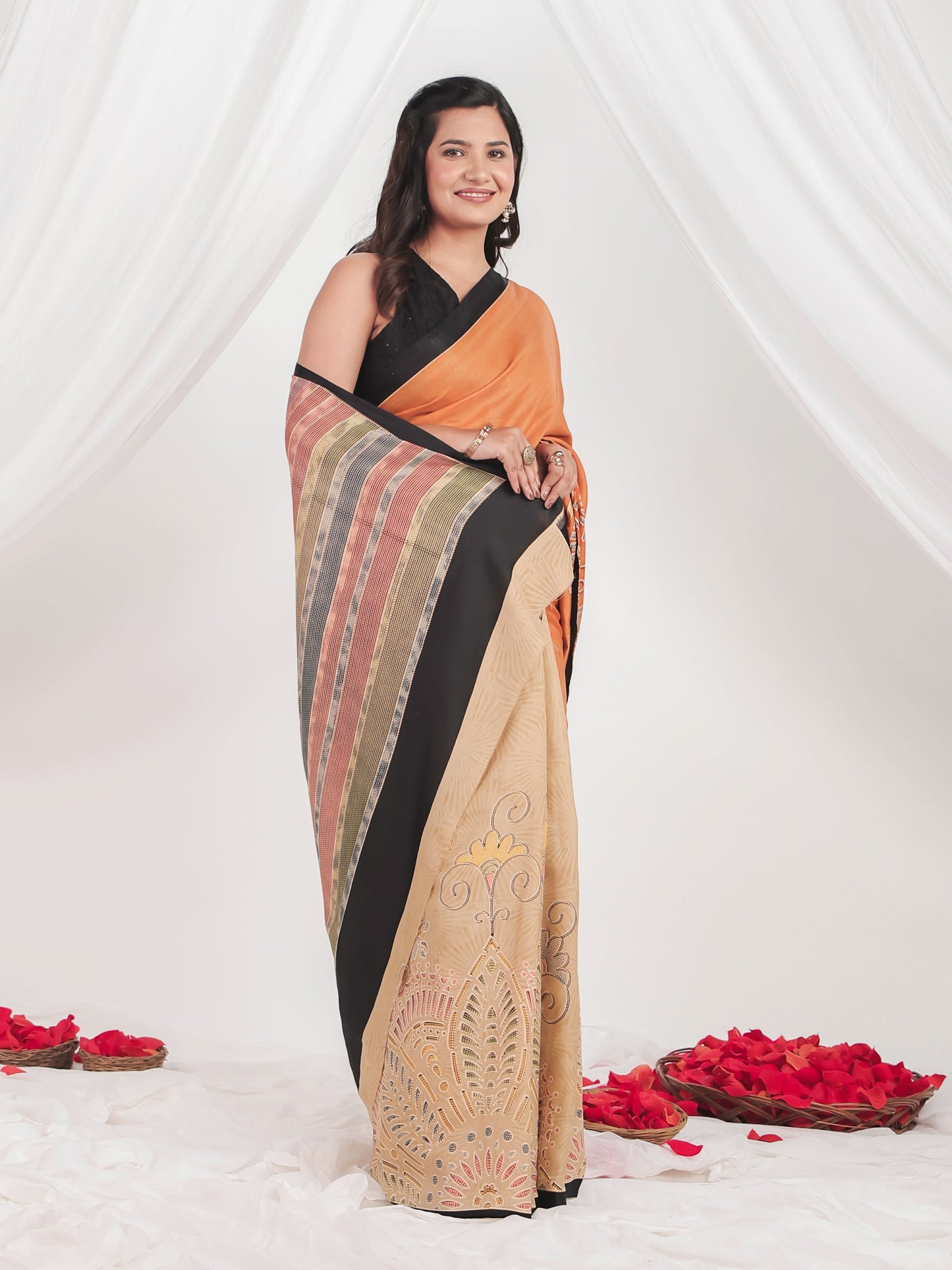 Chinon Chiffon Abstract Rust Orange Saree