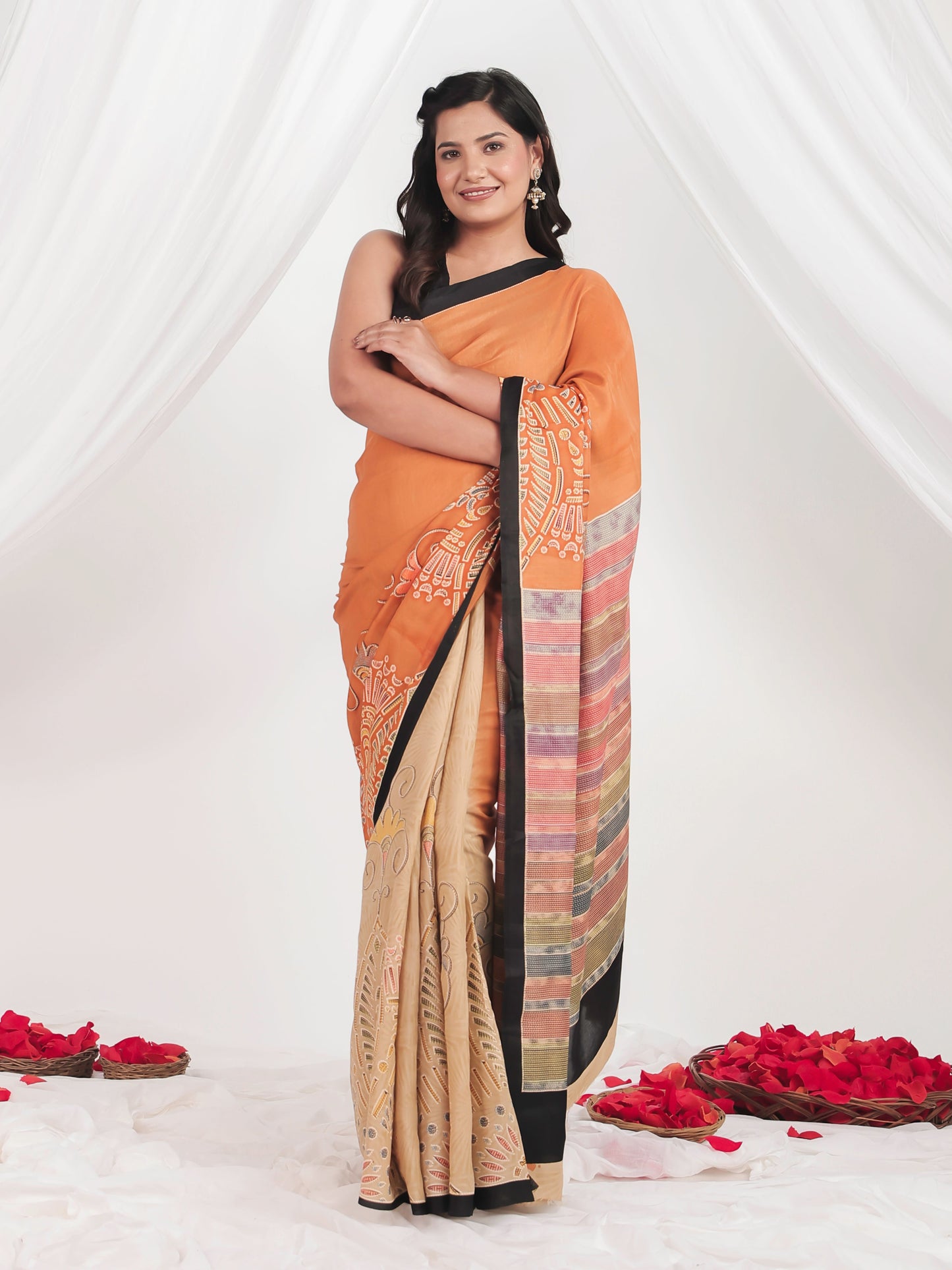 Chinon Chiffon Abstract Rust Orange Saree