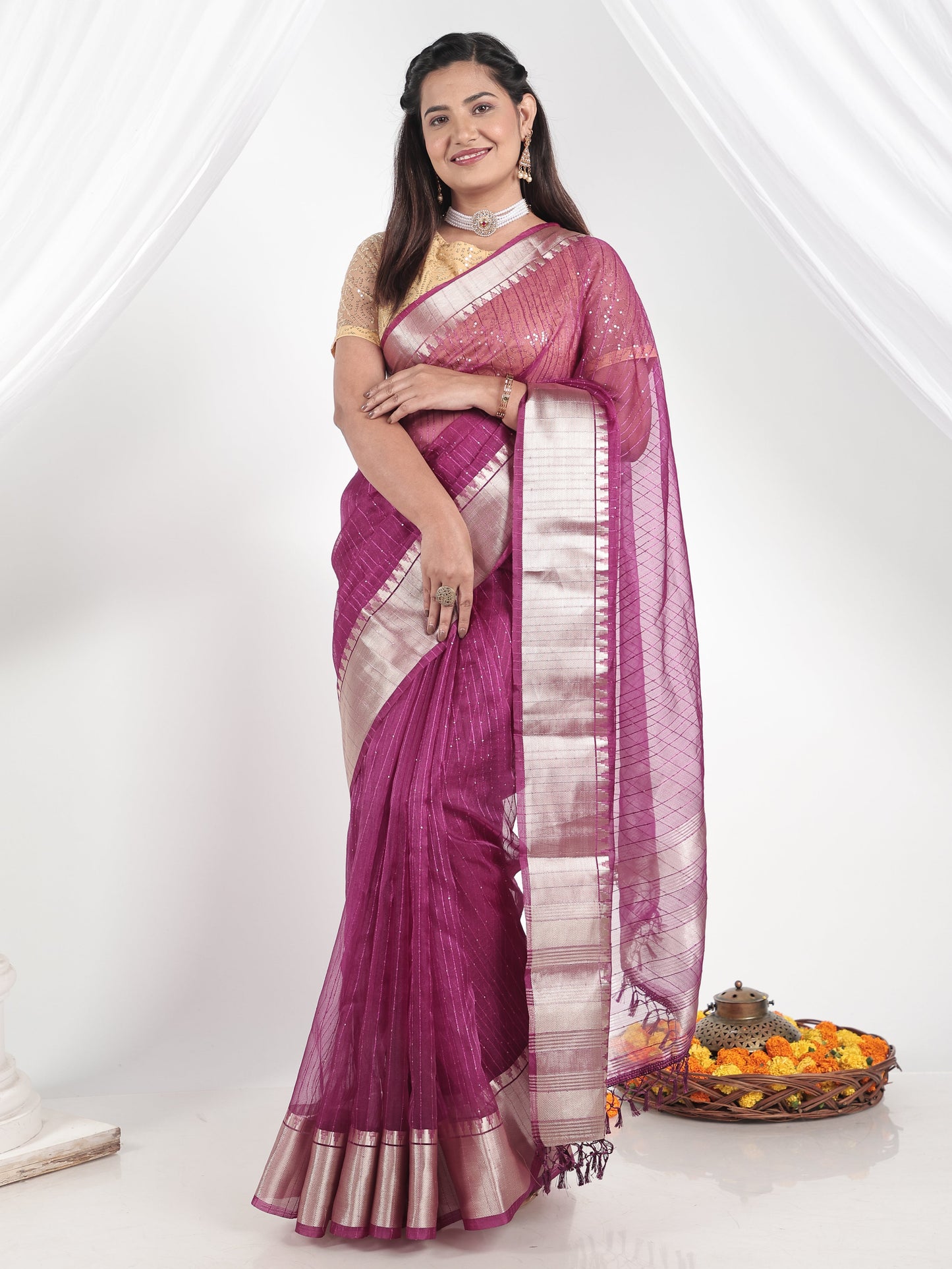 Embroidered Chanderi Purple Saree
