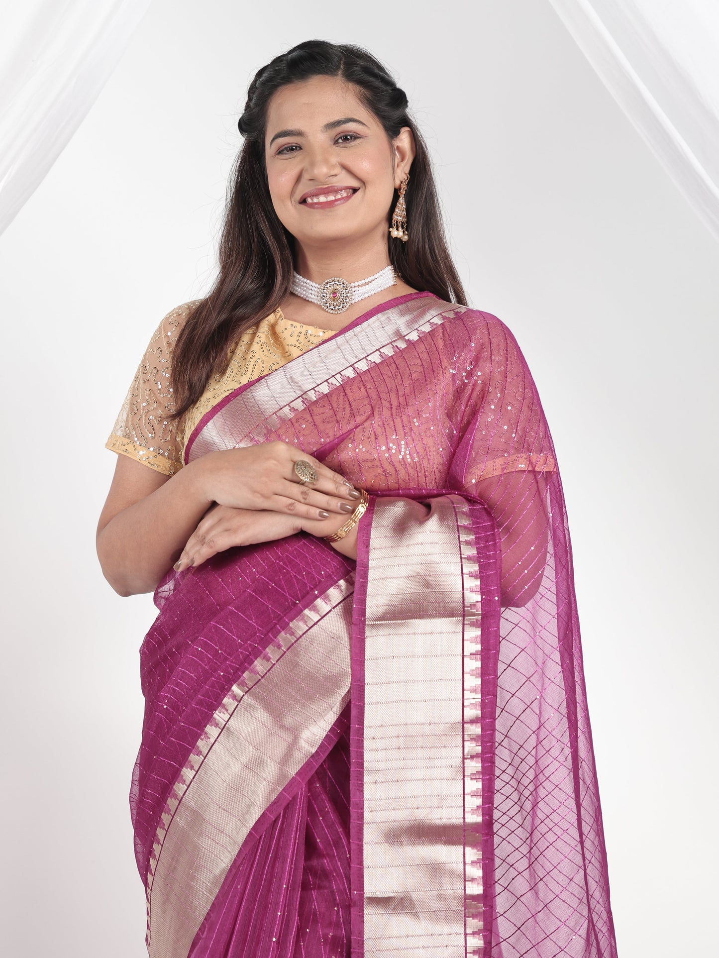 Embroidered Chanderi Purple Saree