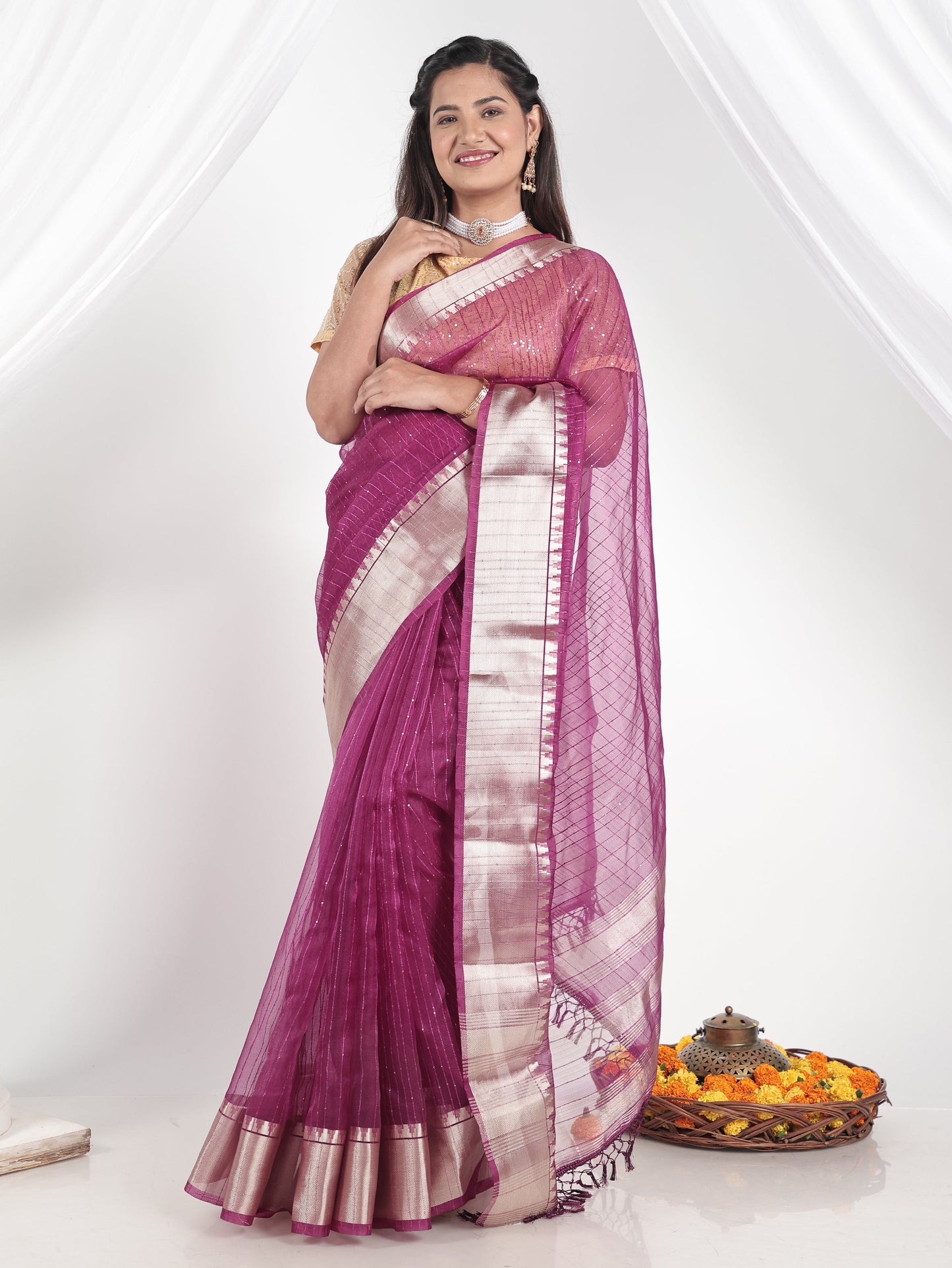 Embroidered Chanderi Purple Saree