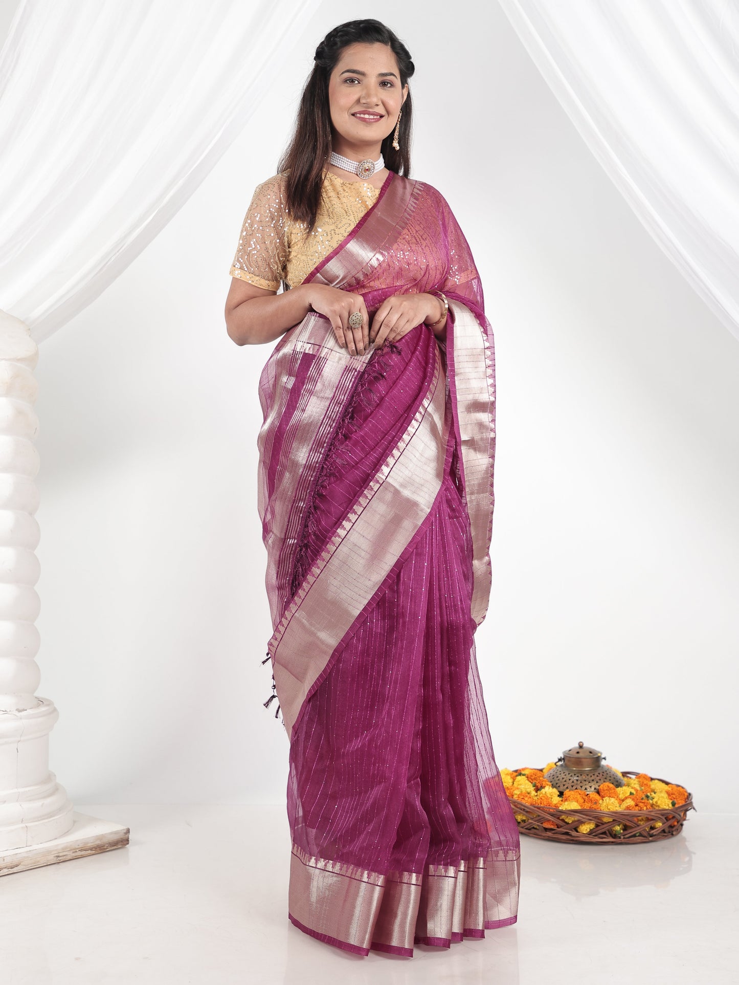Embroidered Chanderi Purple Saree