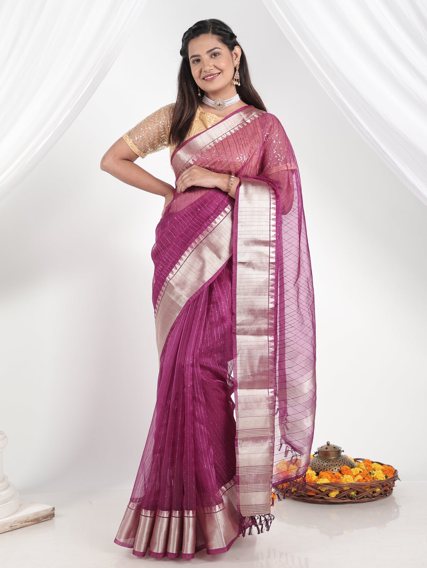 Embroidered Chanderi Purple Saree