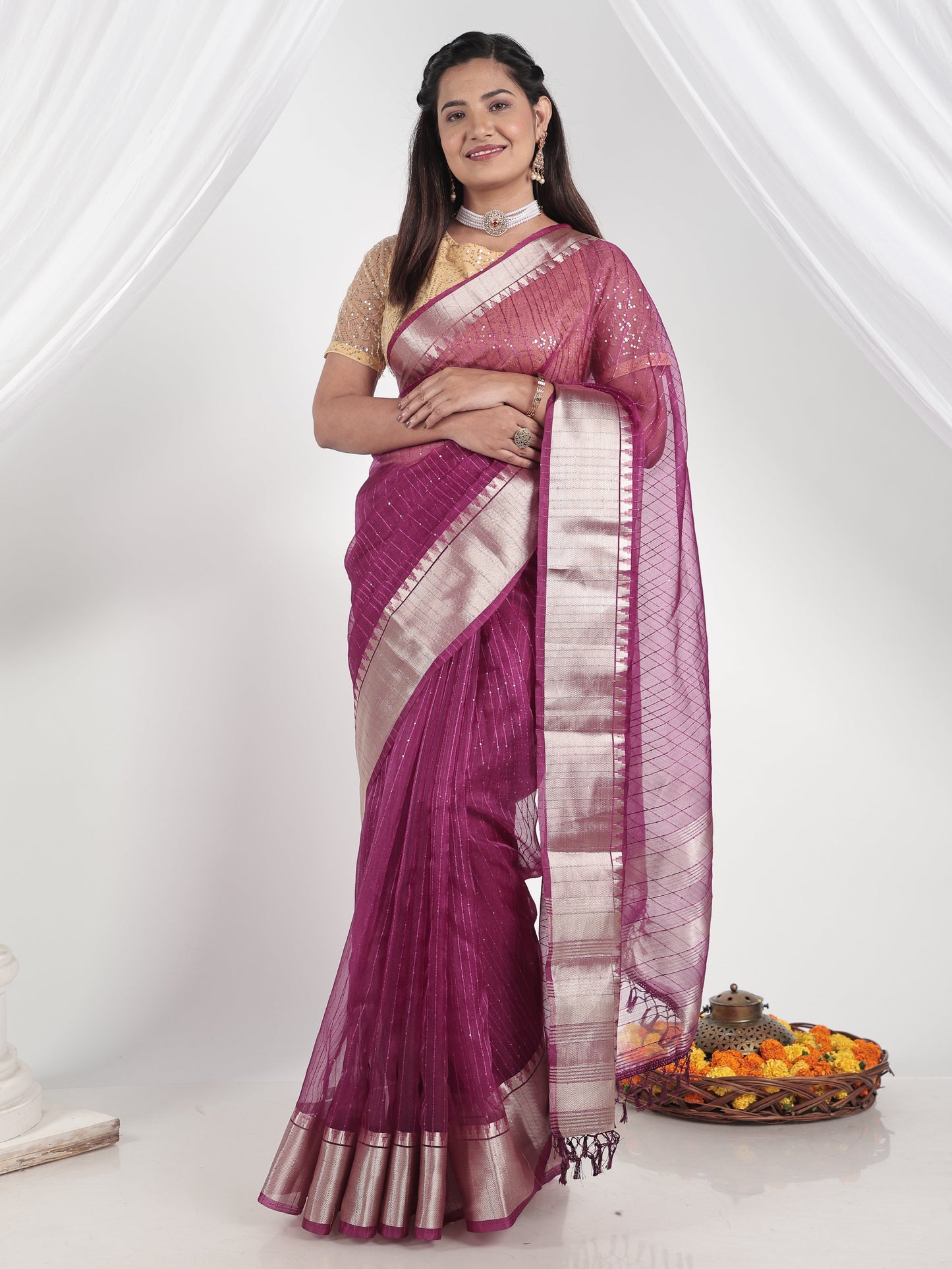 Embroidered Chanderi Purple Saree