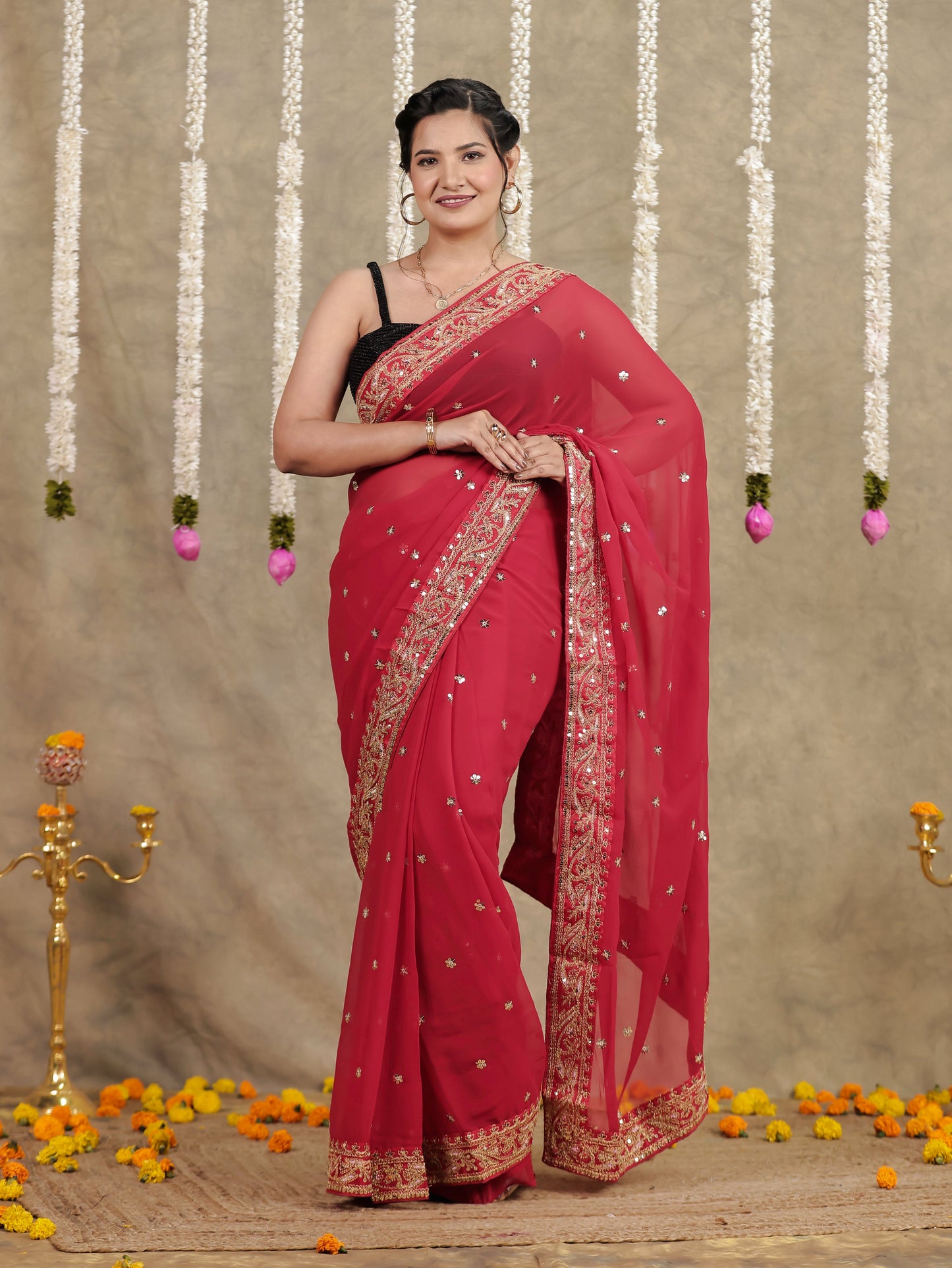 Embroidered Georgette Red Saree
