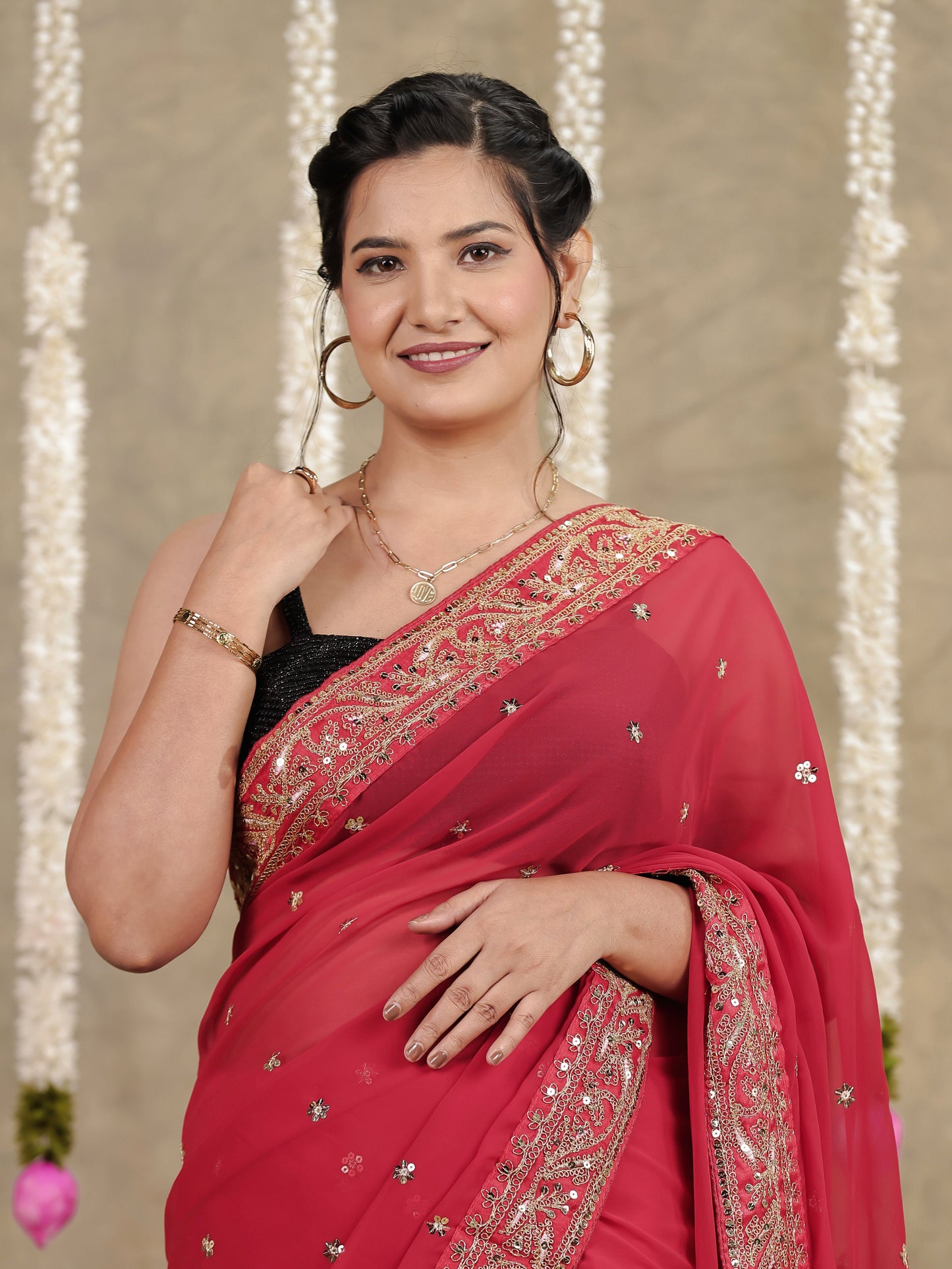 Embroidered Georgette Red Saree