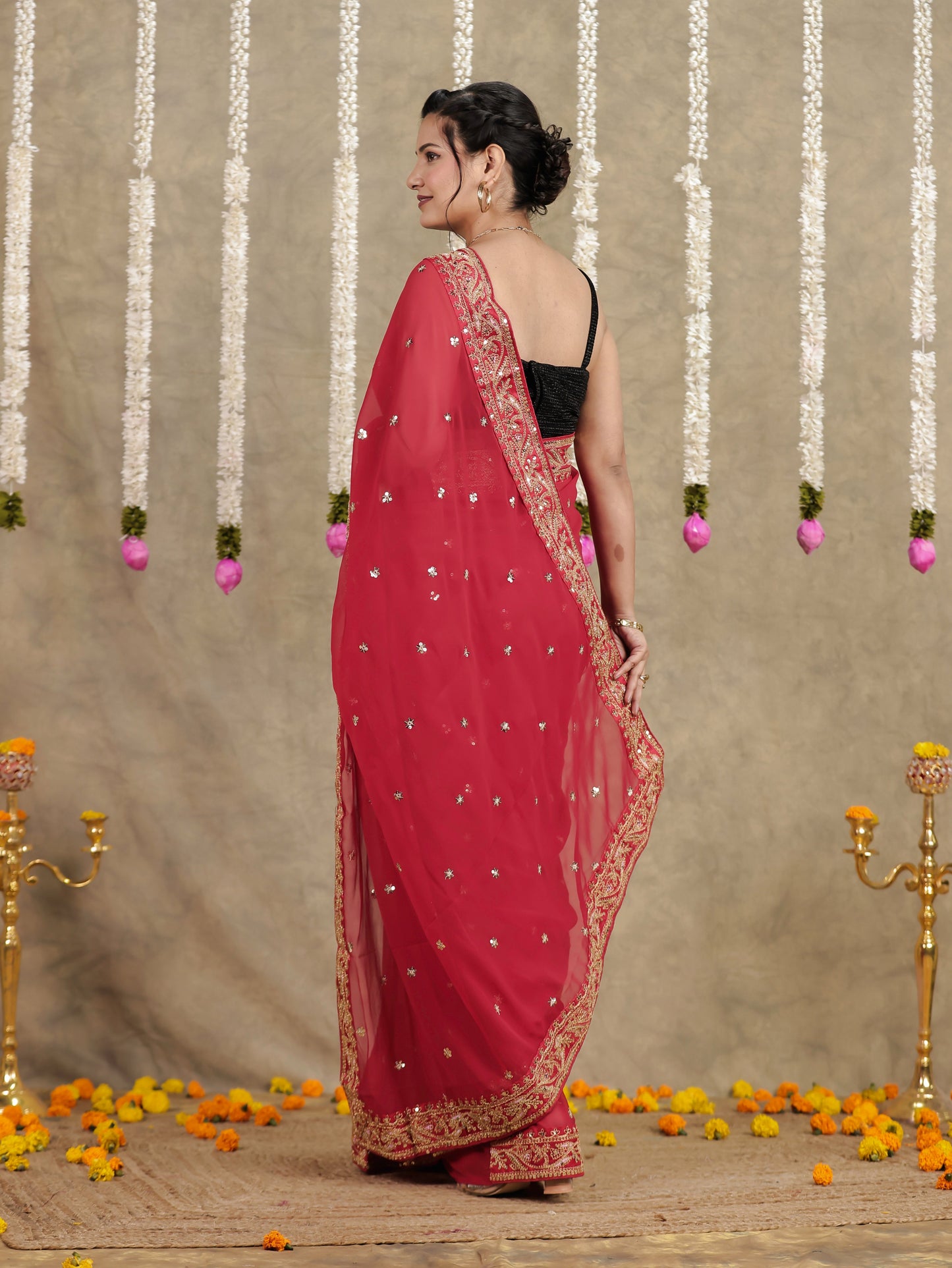 Embroidered Georgette Red Saree