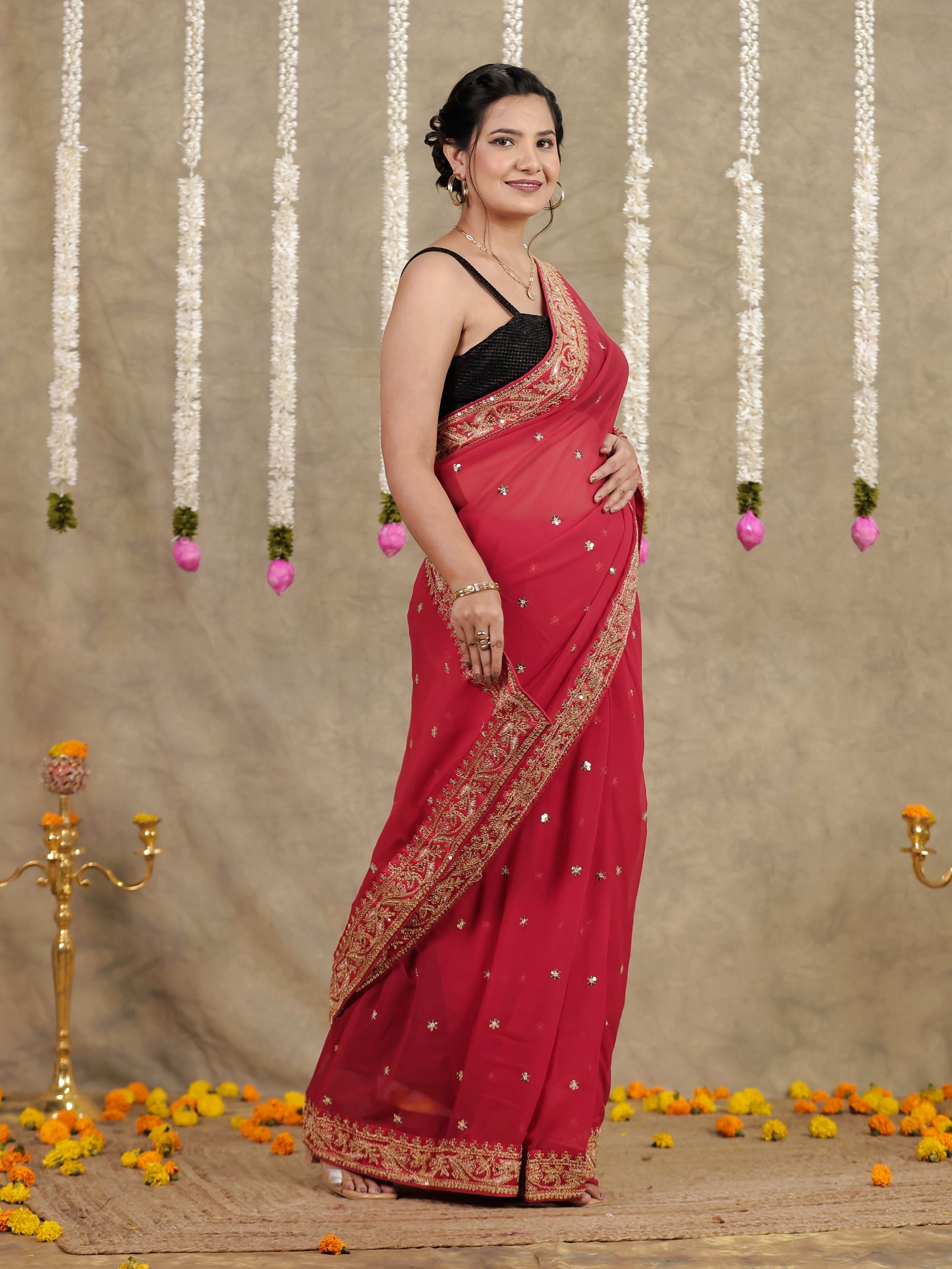 Embroidered Georgette Red Saree