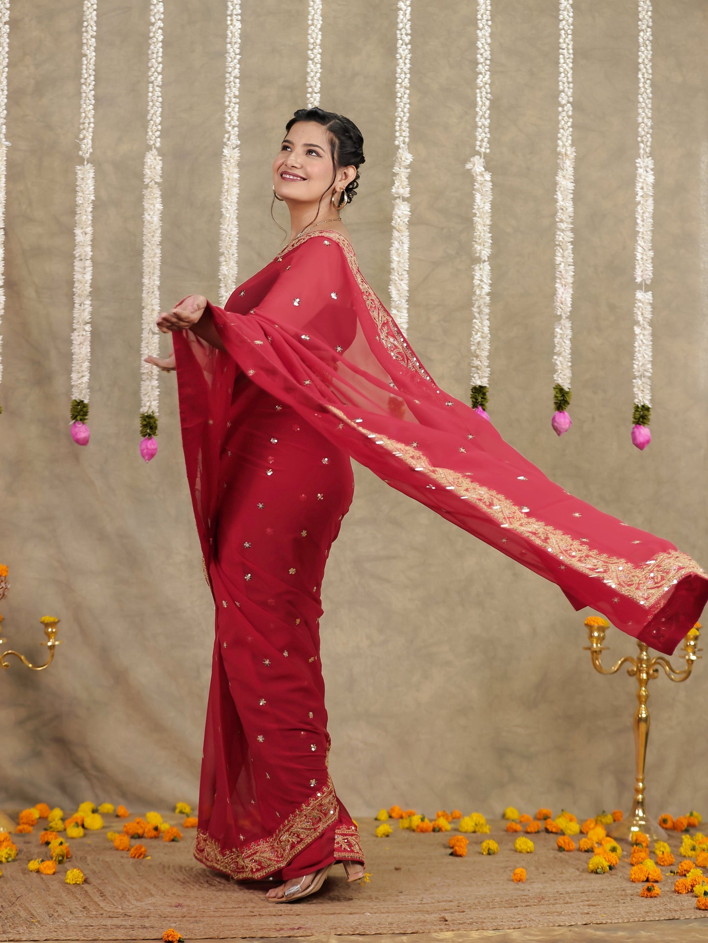 Embroidered Georgette Red Saree