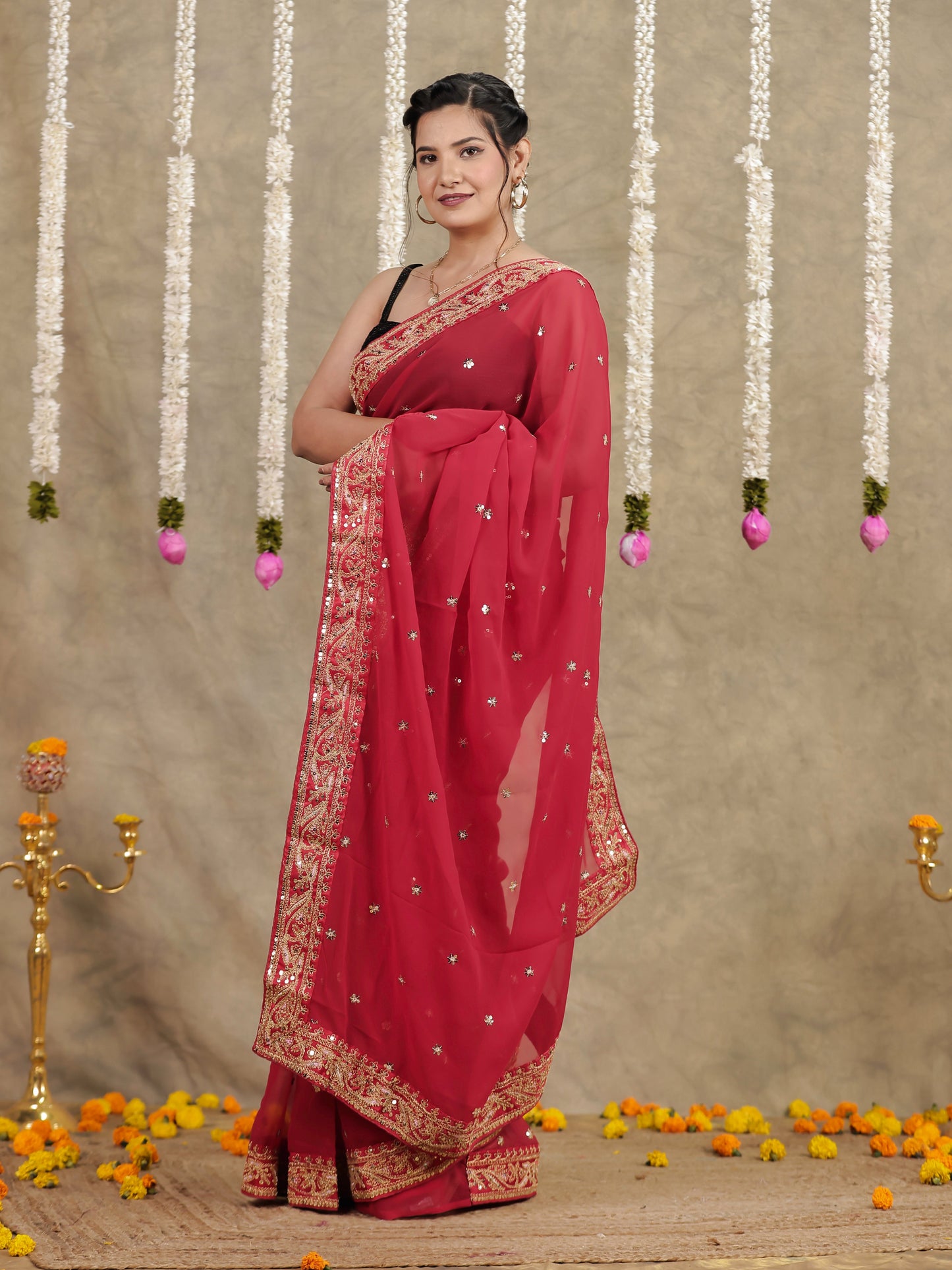 Embroidered Georgette Red Saree