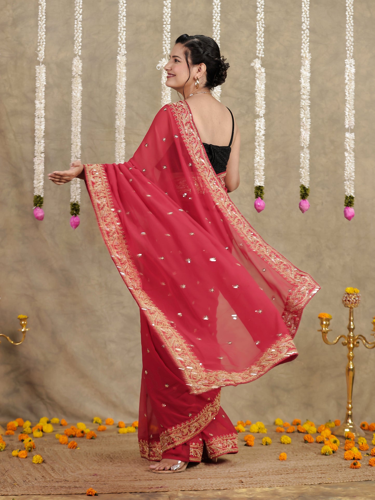Embroidered Georgette Red Saree