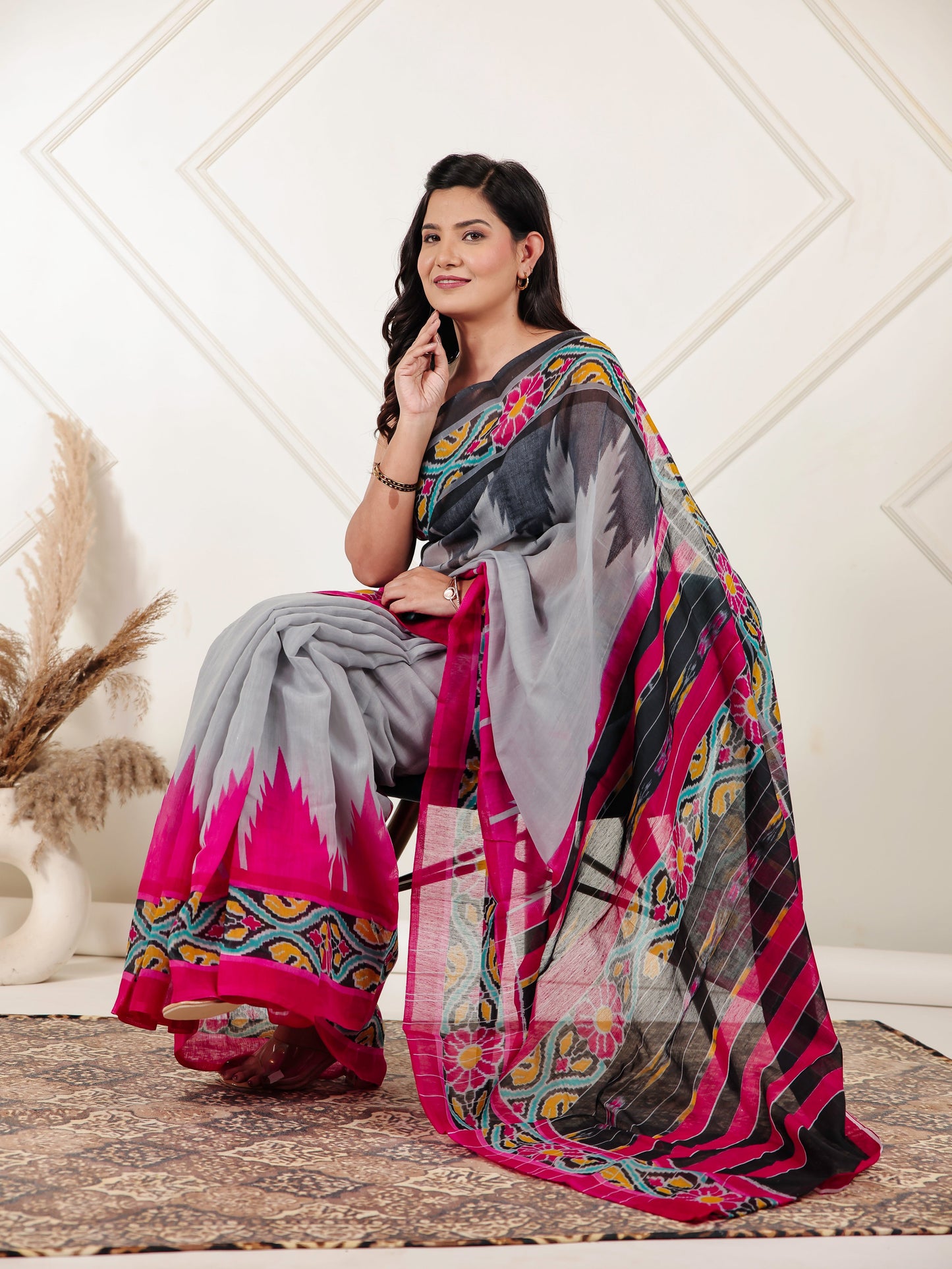 Chanderi Ikat Grey Saree