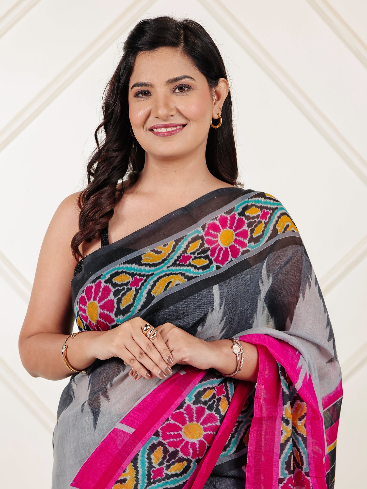 Chanderi Ikat Grey Saree