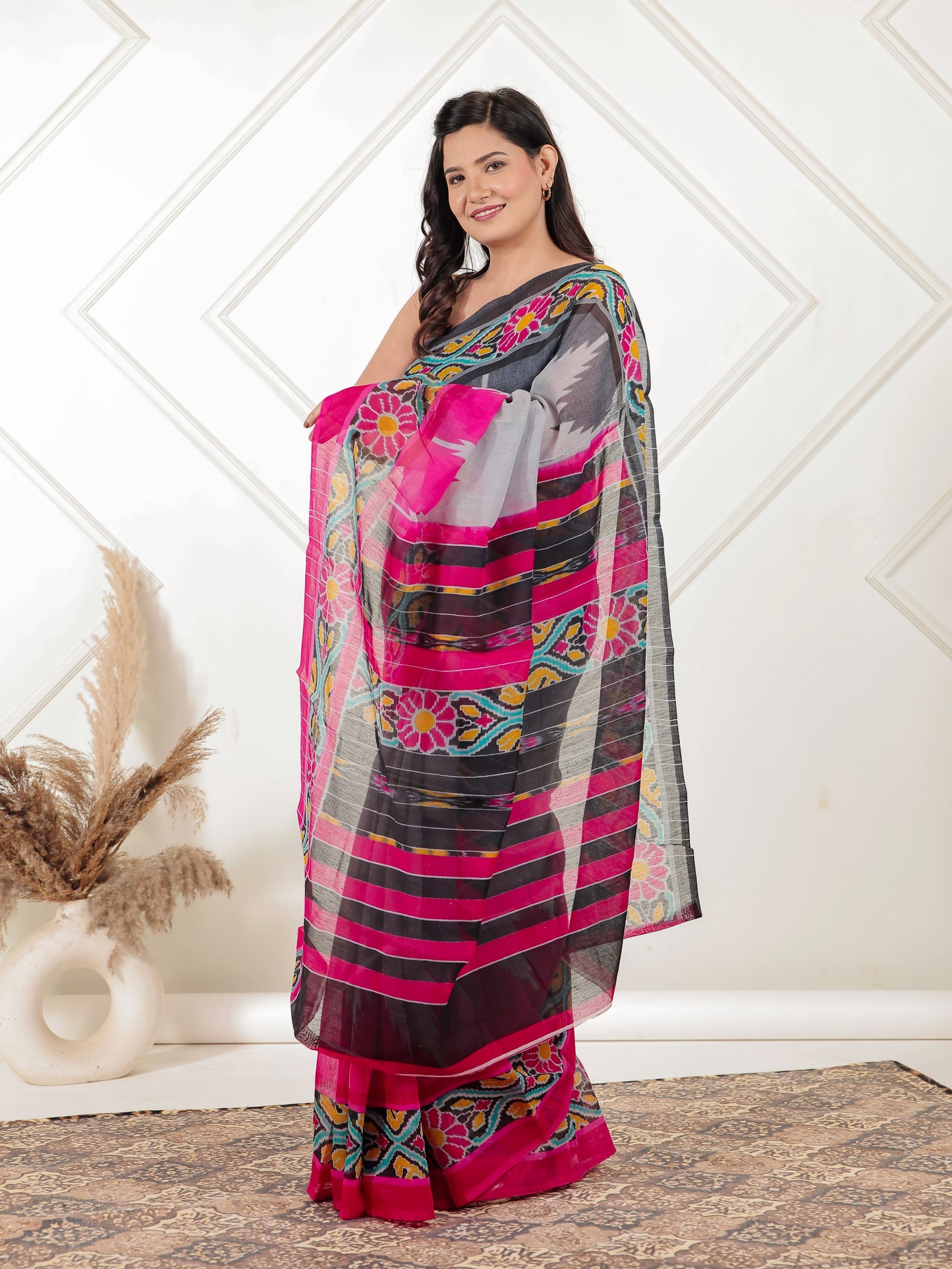 Chanderi Ikat Grey Saree