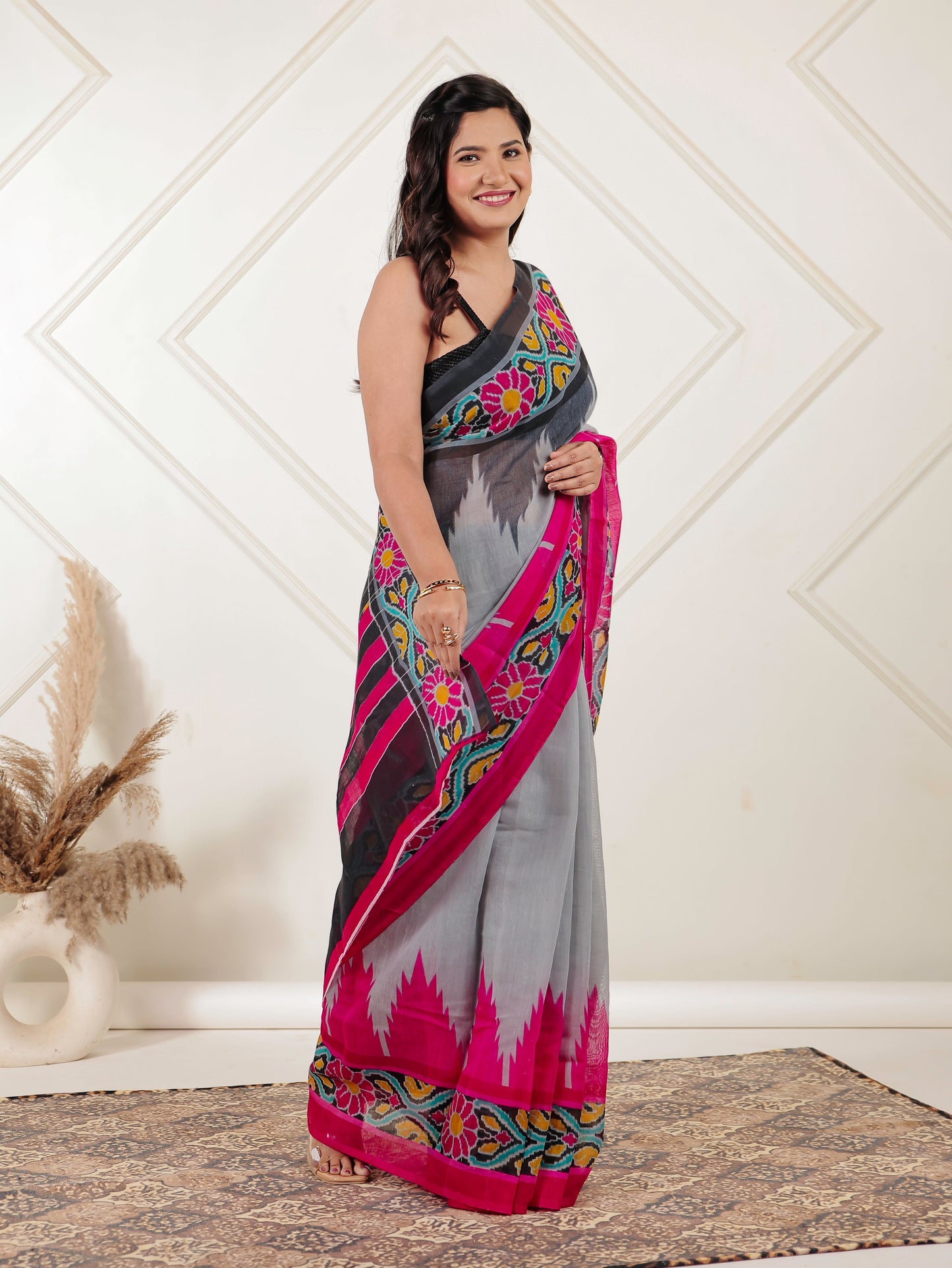 Chanderi Ikat Grey Saree