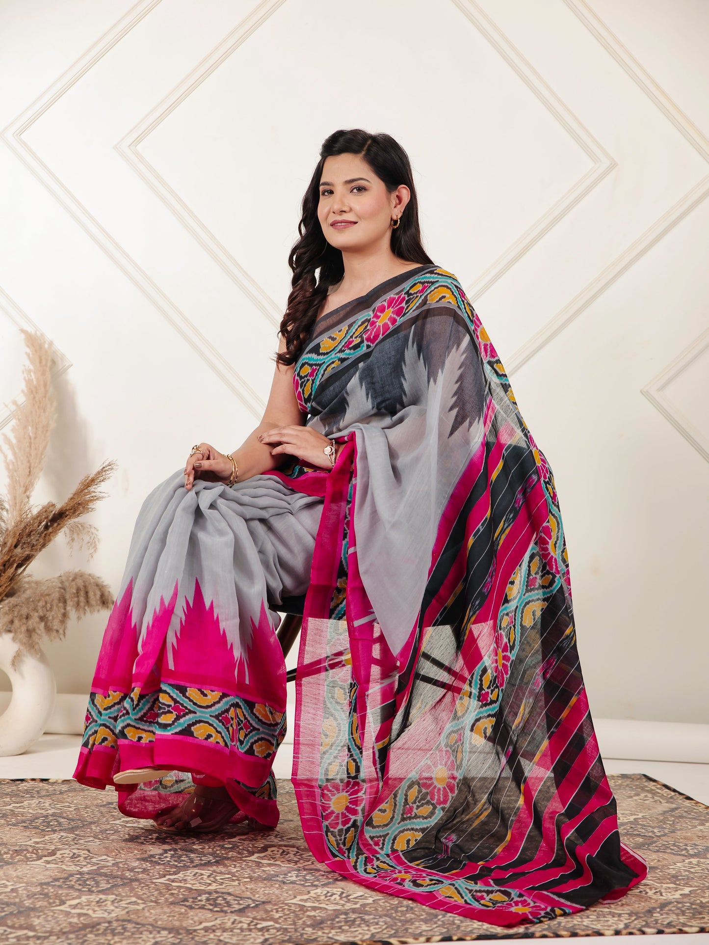 Chanderi Ikat Grey Saree