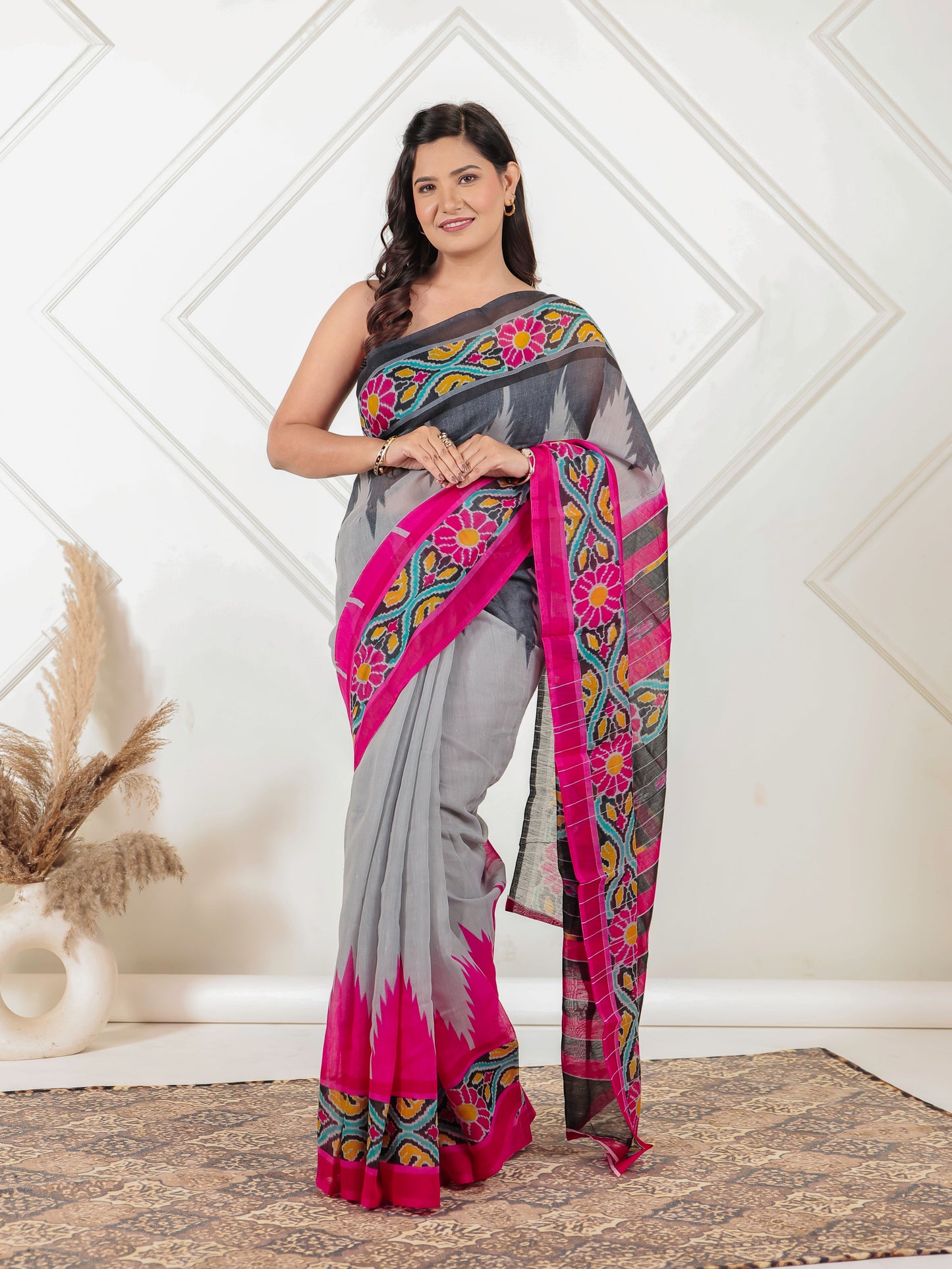 Chanderi Ikat Grey Saree
