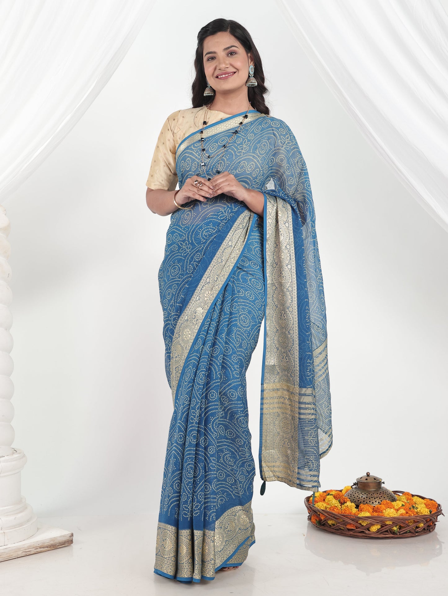 Chiffon Bandhani Blue Saree