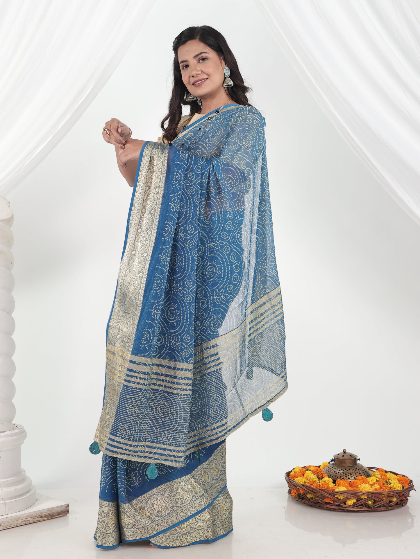 Chiffon Bandhani Blue Saree